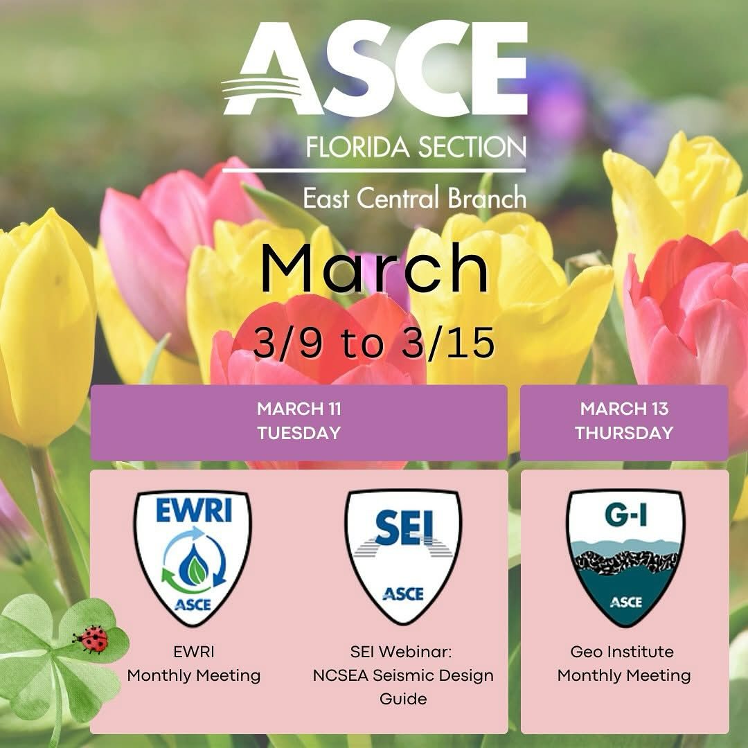 We are looking forward to seeing everyone at our upcoming events! Mark your calendars for our events next week. Registration information included below and featured on our website: https://www.eastcentralasce.org/
Tuesday, March 11:
Join ASCE EWRI for their monthly committee meeting. For more information or if you would like to join the committee, please contact Thomas Amstadt at TAmstadt@Geosyntec.com.
Join ASCE SEI for their webinar featuring Thomas F. Heausler, PE, SE. who will present a new Design Guide developed by NCSEA’s Seismic Code Advisory Committee. The Design Guide provides a seismic design workflow for buildings, nonstructural components, and nonbuilding structures. This webinar is intended to benefit engineers at the beginning of their careers and engineers designing in low seismic regions while confirming knowledge for experienced engineers designing in high seismic areas.
https://lp.constantcontactpages.com/ev/reg/cmvhwt2/lp/71ebc18c-d292-4d93-bf12-a6861fb76659?source_id=74fde70b-0e21-486d-981b-c29157845ad3&source_type=em&c=
Thursday, March 13:
Join ASCE ECB Geo-Institute for their monthly committee meeting. For more information or if you would like to join the committee, please contact Dr. Tim Copeland at tim.copeland@geosyntec.com.