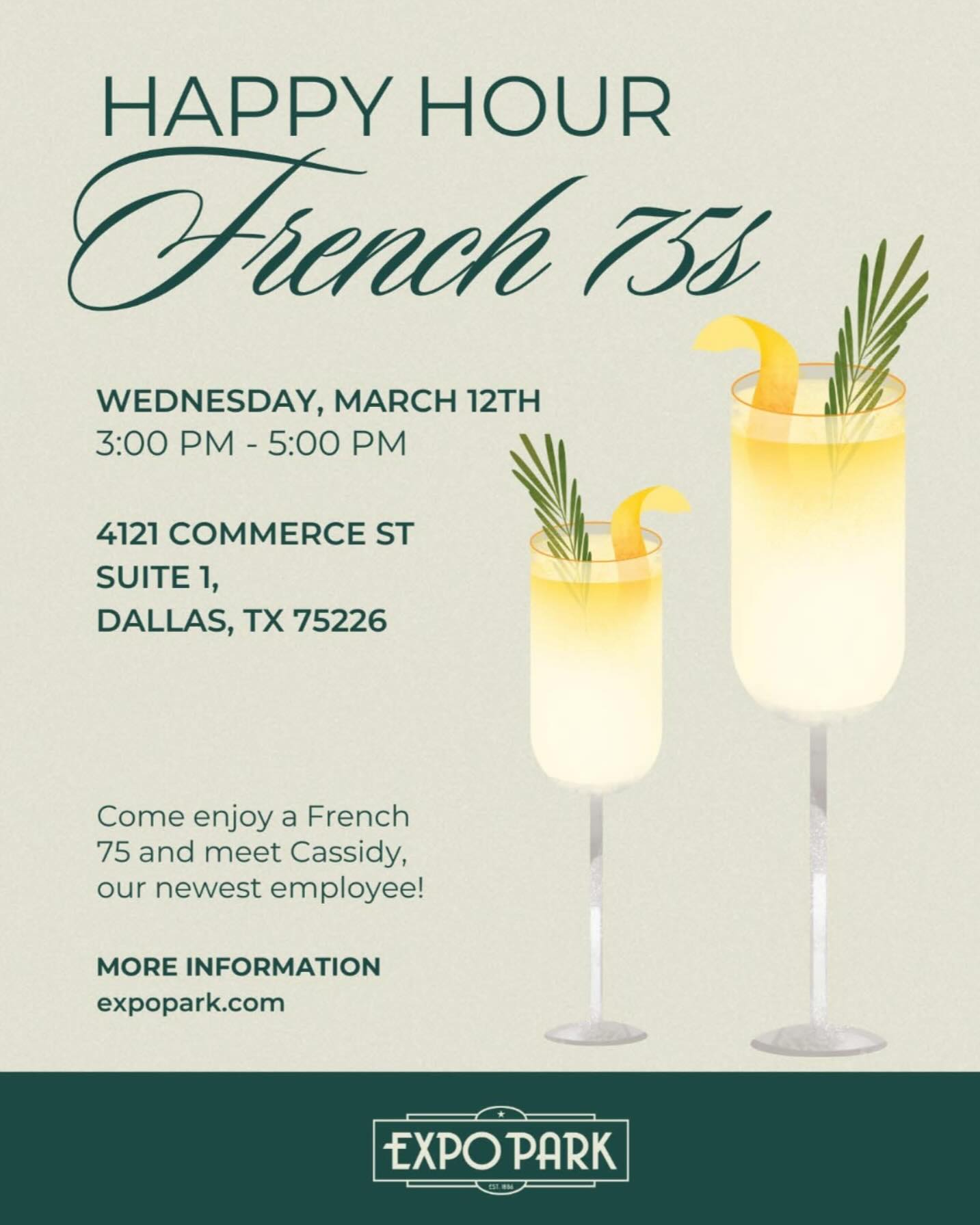 🍹✨ Join us for Happy Hour this Wednesday! 🎉 Come enjoy delicious cocktails at our leasing office located at 4121 Commerce St, Suite 1, Dallas, TX 75214. Don’t miss out on the fun! Cheers! 🥂 #happyhour #dallastx #expopark #expoparkdallas #expoprkdistrict #dallaslofts
