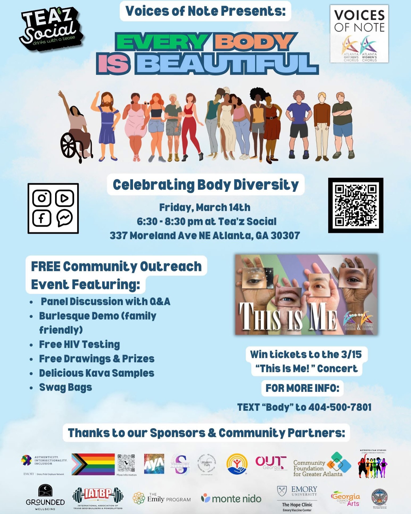 Celebrate all bodies this Friday with The Atlanta Women's Chorus @awchorus and the Atlanta Gay Men's Chorus @agmchorus
@roularoulette joins the panel discussions with local body diversity leaders, health resources, and more! Free @teazsocial at 6:30 PM!
This impactful community-focused event is in conjunction with the Atlanta Women’s Chorus and Atlanta Gay Men’s Chorus’s (together they are Voices of Note) upcoming This Is Me! concert on Saturday, March 15, which focuses on body acceptance and diverse experiences of body image and self-esteem!