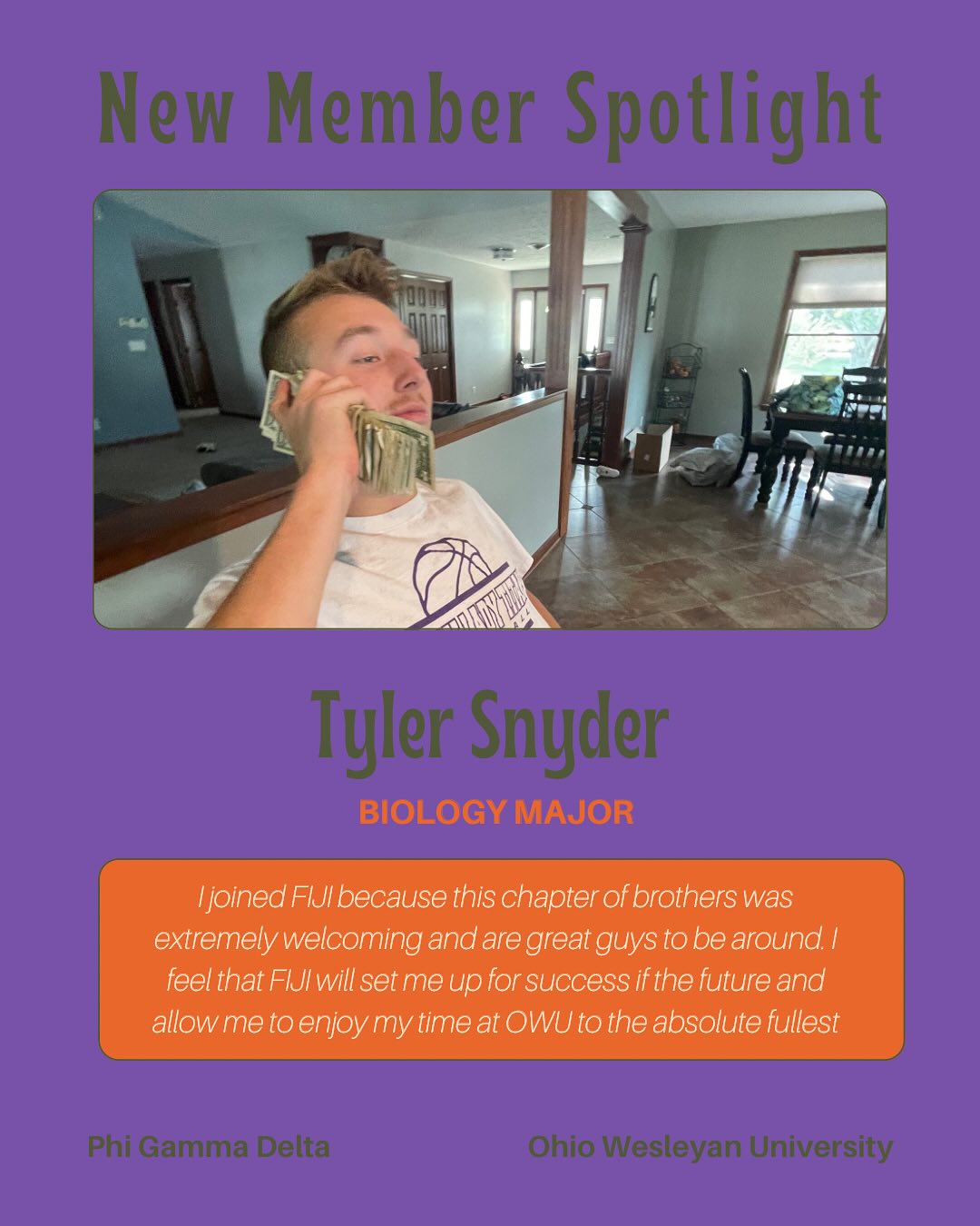 **New Member Spotlight** Today we’ve got Tyler, another OWU Golf member. He’s a biology major that wants to pursue a career in the biology field. Tyler is always there at every event, making sure to be involved. Welcome to FIJI!🟪