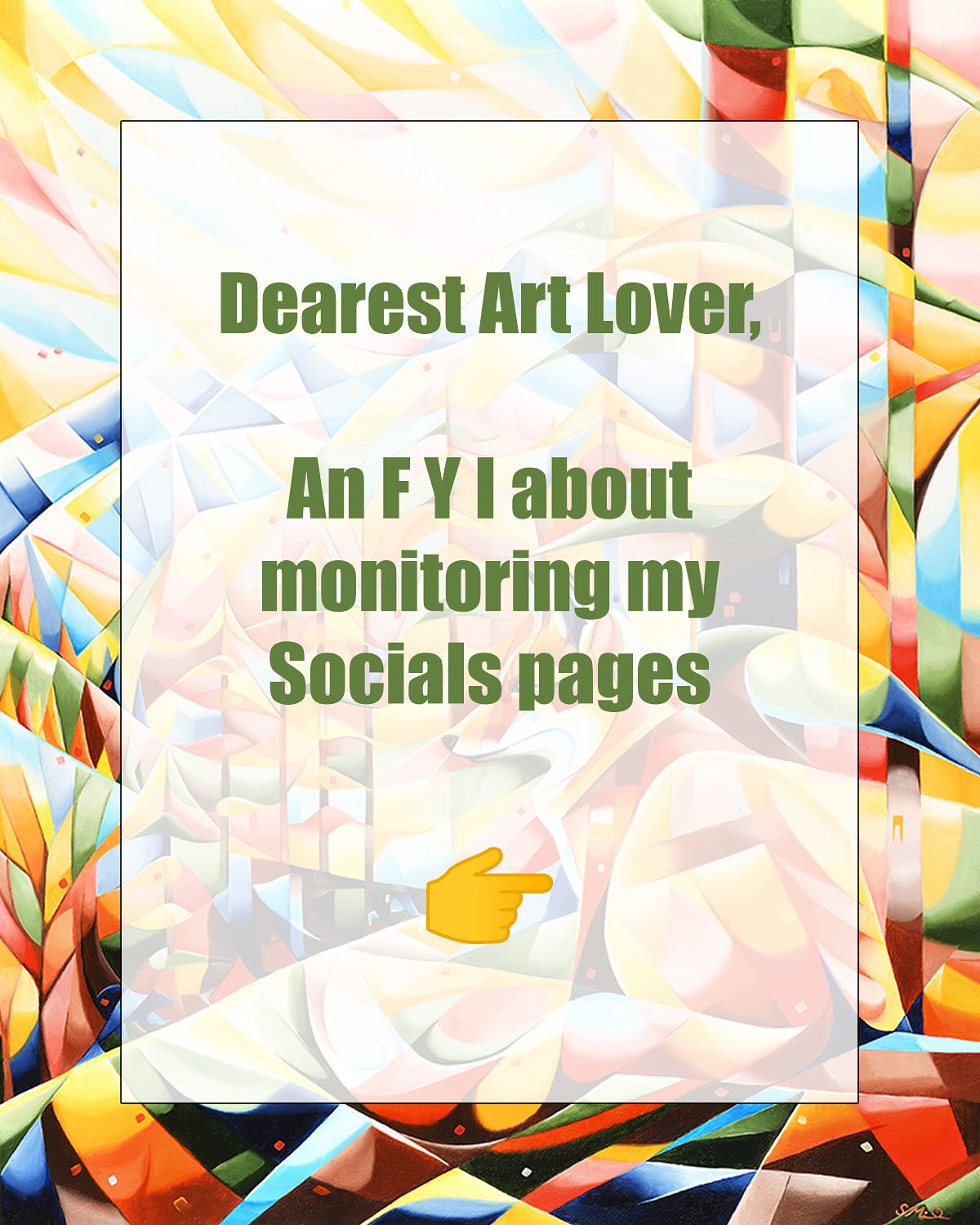 Dearest art lovers,
I have an FYI about monitoring my socials.
In an effort to reduce distractions in my life I’m creating new habits.
I’ll be checking in frequently after a new post but less than once per week at other times.
So I may take some time to reply.
The best way to get hold of me more promptly is through my website; link in bio.
There you can find my email and cell info and a contact page.
❤️ Thanks for all your support and understanding ❤️
#focusonart #nodistractions #getonwithit