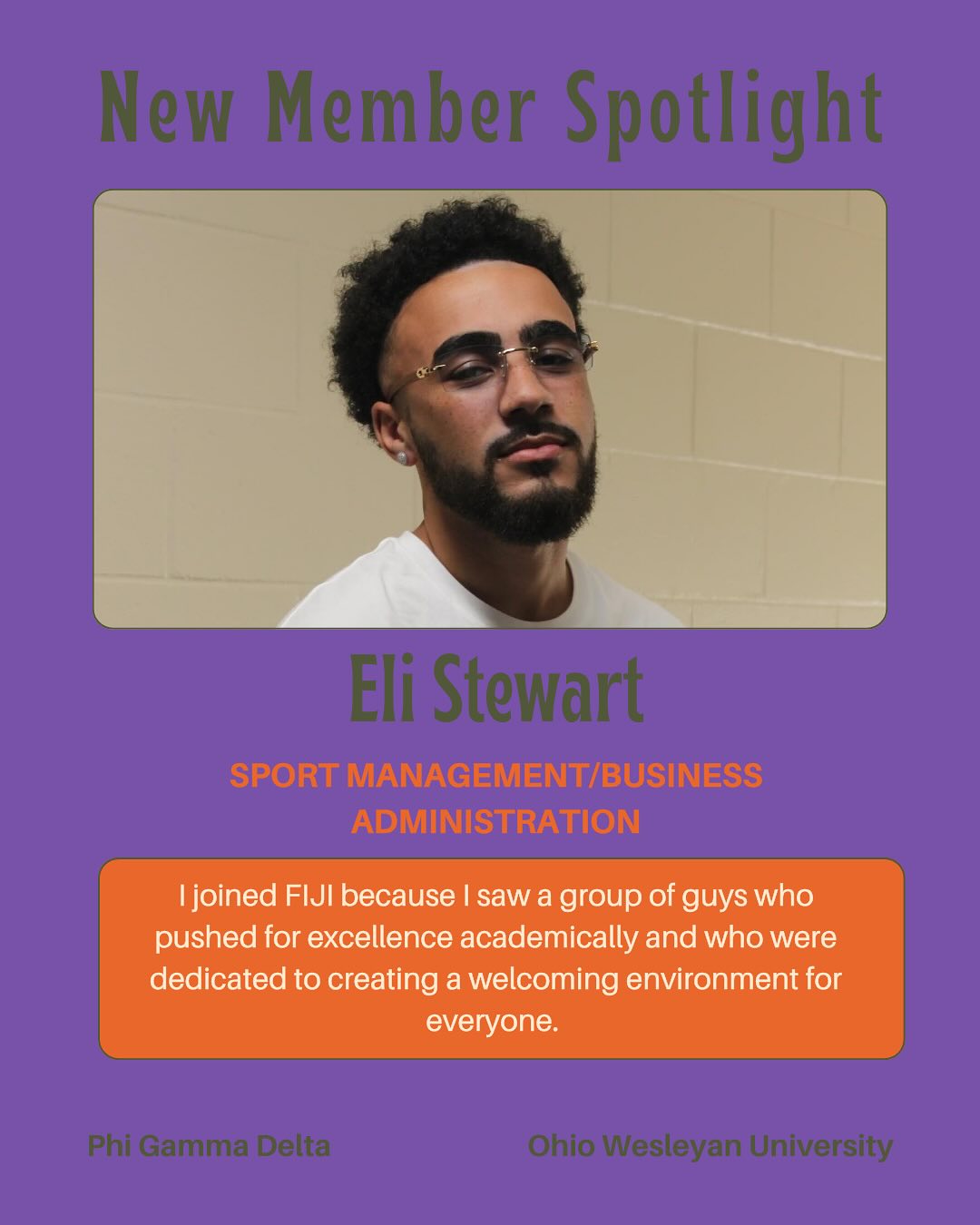 **New Member Spotlight** Welcome to FIJI Eli! Eli is a sophmore, who is currently the OWU basketball team’s student assistant coach, and aspires to be a D1 Basketball coach. He is majoring in Business administration and Sport Management. Can’t wait to see what he brings to FIJI!🟪