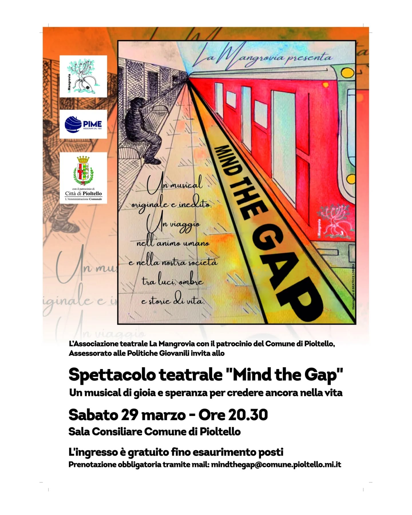 Signore e Signori,
è con immenso piacere che vi presentiamo la quarta data dello spettacolo MIND THE GAP
⚠️Attenzione⚠️
il treno 2903 proveniente dal teatro Cenacolo Francescano di Lecco e diretto al Sala Consiliare del comune di Pioltello è in arrivo al binario 1.
Please, mind the gap between the train and the platform.
MIND THE GAP - 29 Marzo 🎟
#missione #teatro #spettaccolo #lamangrovia #musical #cinema #attori #musicisti #cantanti #pime