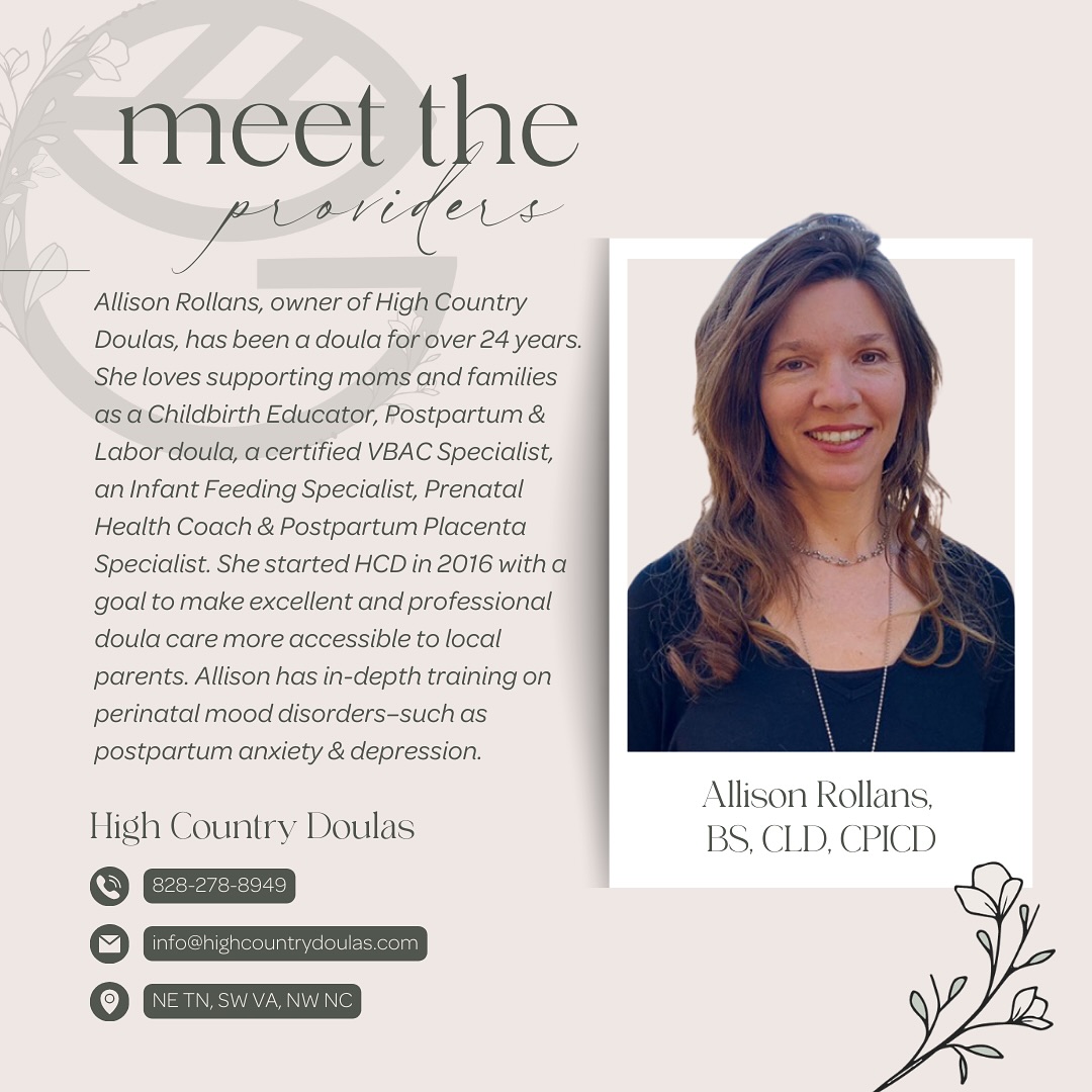 🌿 Meet Grove Member: Allison Rollans of High Country Doulas! 🌿
With over 24 years of experience, Allison Rollans, BS, CLD, CPICD, has dedicated her career to supporting moms and families through pregnancy, birth, and postpartum. As a Childbirth Educator, Labor & Postpartum Doula, VBAC Specialist, Infant Feeding Specialist, and more, she provides expert guidance and compassionate care every step of the way.
Trained by leading organizations like ProDoula, DONA, Postpartum Support International, and La Leche League, Allison is passionate about helping families navigate the transition into parenthood with confidence and support. She brings deep knowledge in perinatal mood disorders, postpartum recovery, and newborn care—all while leading the incredible team at High Country Doulas.
Her greatest joy? Her own family! As a wife and mom of three, she knows firsthand how invaluable education, support, and community are during the journey into parenthood.
✨ Looking for expert doula care? Connect with Allison and @highcountrydoulas to experience the difference continuous support can make! 💛
📞 828.278.8949
💻 www.highcountrydoulas.com
📧 info@highcountrydoulas.com
#AllisonRollans #GroveHealthCollective #GroveMemberSpotlight #HighCountryDoulas #DoulaSupport #EmpoweredBirth