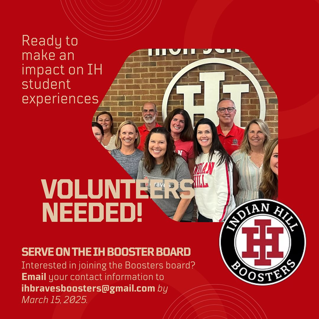 There’s still time to nominate for Boosters Board! We are currently seeking volunteers to serve in open board positions for the 2025-20265 school year.
If you are interested in joining the Boosters board please email your contact information to ihbravesboosters@gmail.com by March 15, 2025.