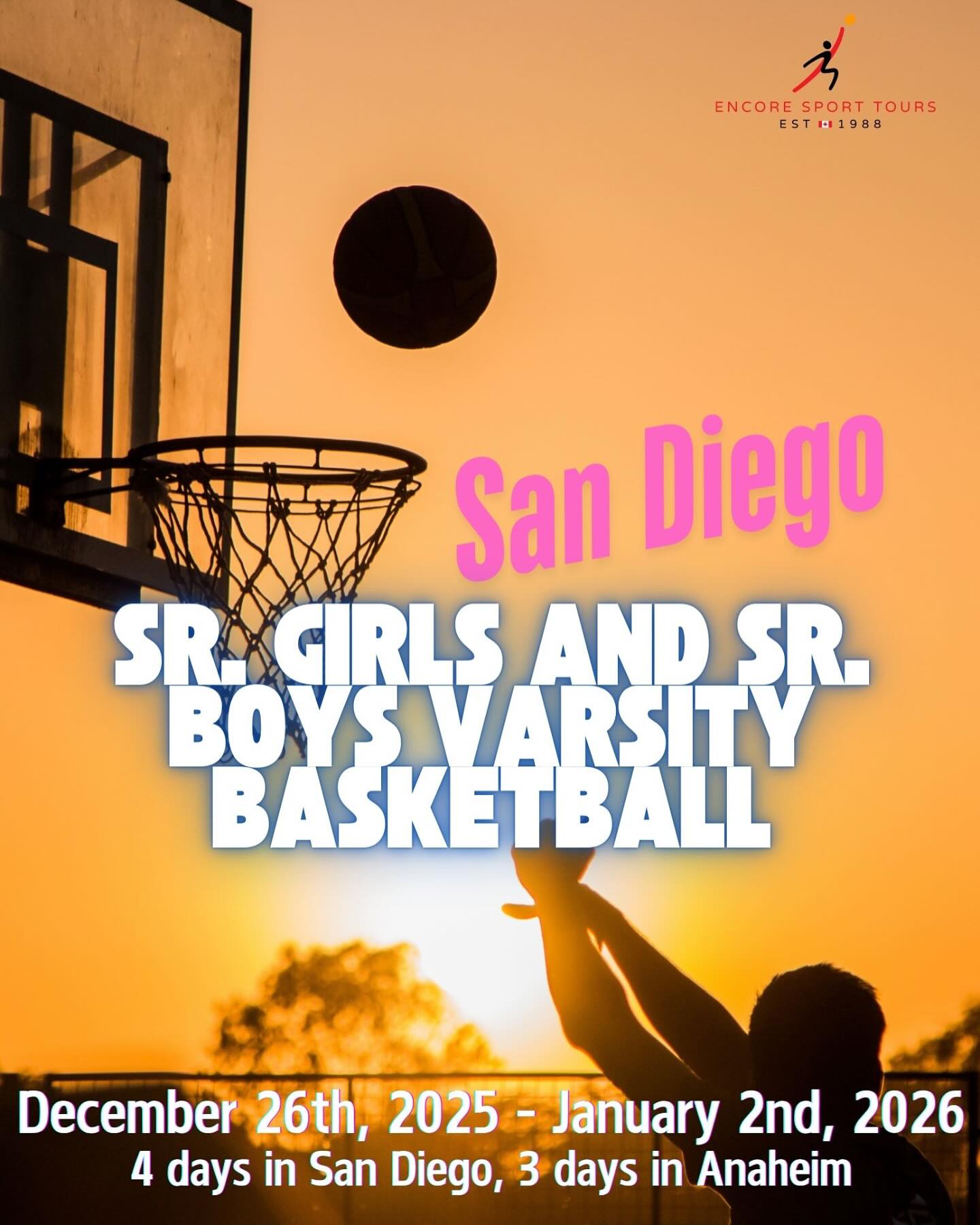 📢 Wanting to escape the winter blues with your SR. Varsity basketball team next winter?
Join us in December for a tournament in California! ☀️4 days in San Diego, 3 days in Anaheim. 3 game guarantee. 🏀⛹️⛹️♀️
DM to learn more!