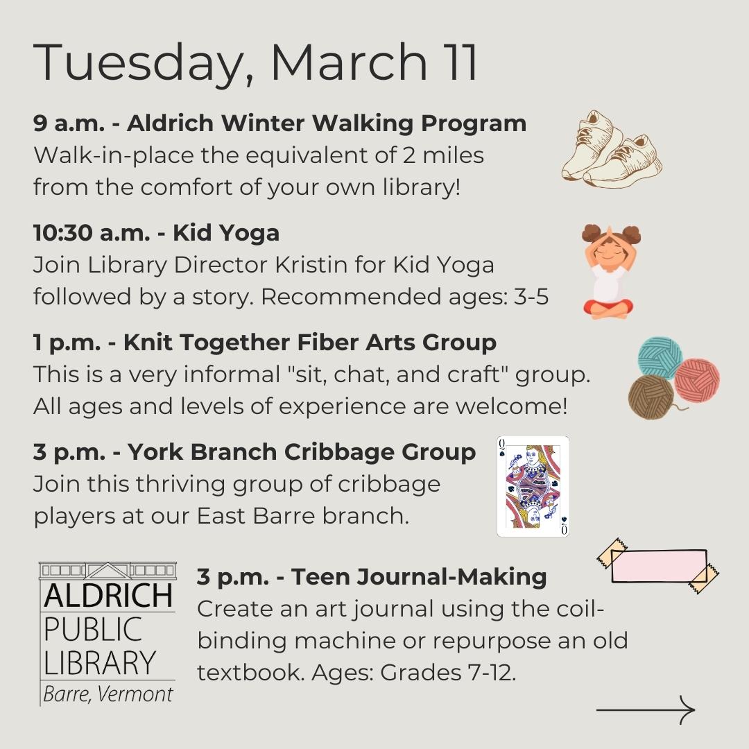Upcoming events at the Aldrich. To be the first to know about our events, subscribe to our monthly email newsletter at www.aldrichpubliclibrary.org.
