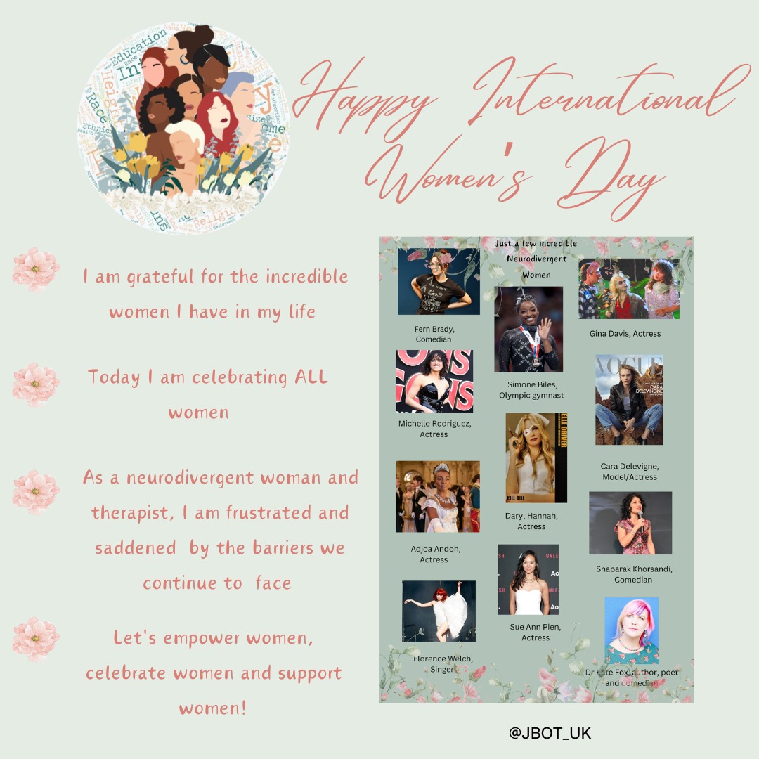 Happy International Women's Day!
Today I am celebrating ALL Women, especially the incredible women in my life.
I know there is still a long way to go to improve equality and remove barriers, but we can each do our part. Remember "no act of kindness, no matter how small, is ever wasted” Aesop.
#LivedExperienceTherapist #CelebratingAllWomen #InternationalWomensDay #WomenEmpowerWomen #NeurodivergentWomen
#Kindness #Autism #Audhd #ADHD #Dyspraxia #WomenInBusiness #SmallBusinessOwner #Woman