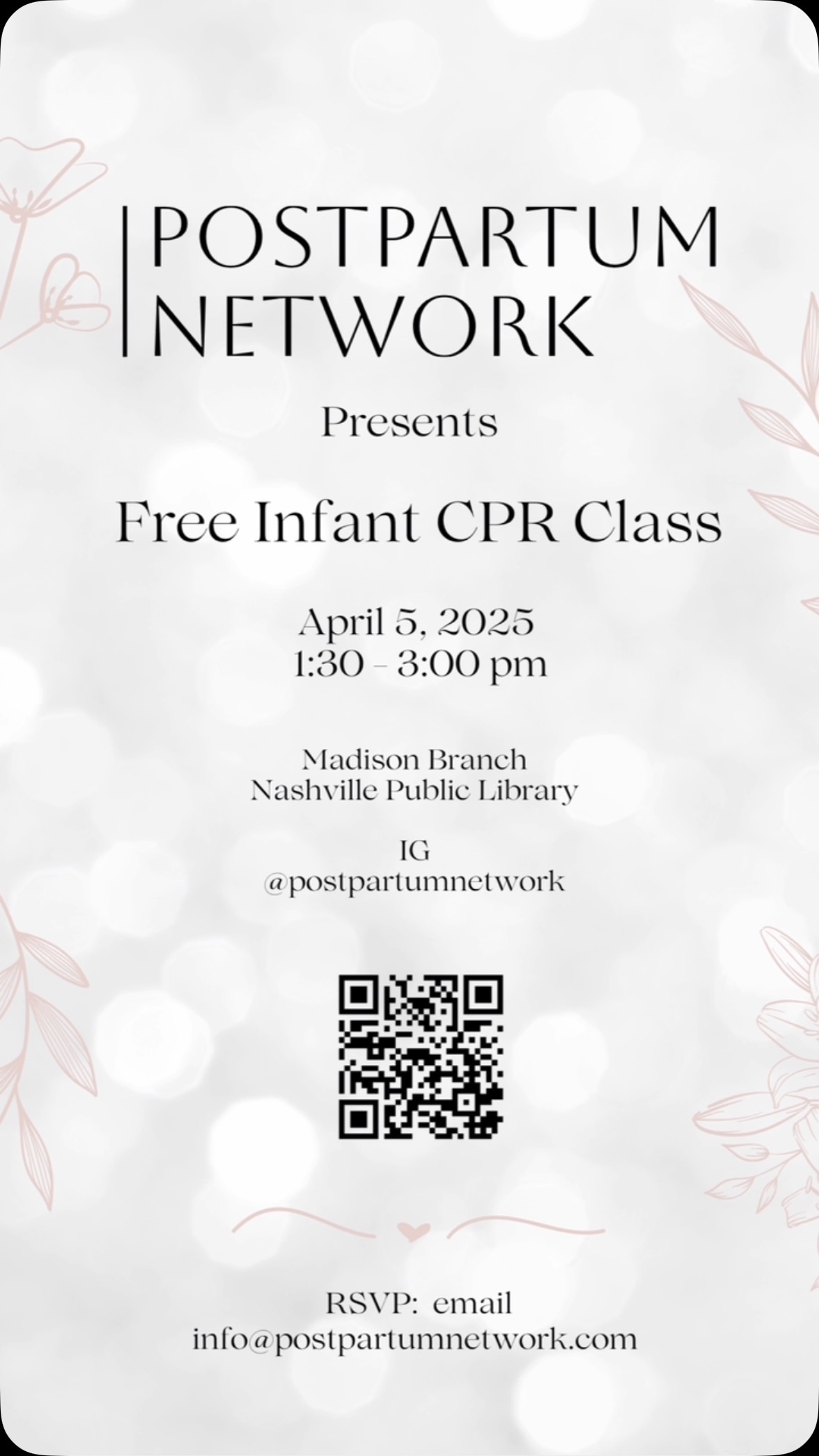 Come join us for a free infant CPR course!
Limited seats
RSVP: info@postpartumnetwork.com
@postpartumnetwork.com
#postpartumnetwork #InfantCPR #NewParentEducation #NashvilleParents #CPRTraining #BabySafety #ParentingClasses #NashvilleMoms #NewbornCare #PostpartumSupport #PeaceOfMind #CPRForParents #NashvilleDads #SafetyFirst #ParentingPrepared #nashvillepubliclibrary