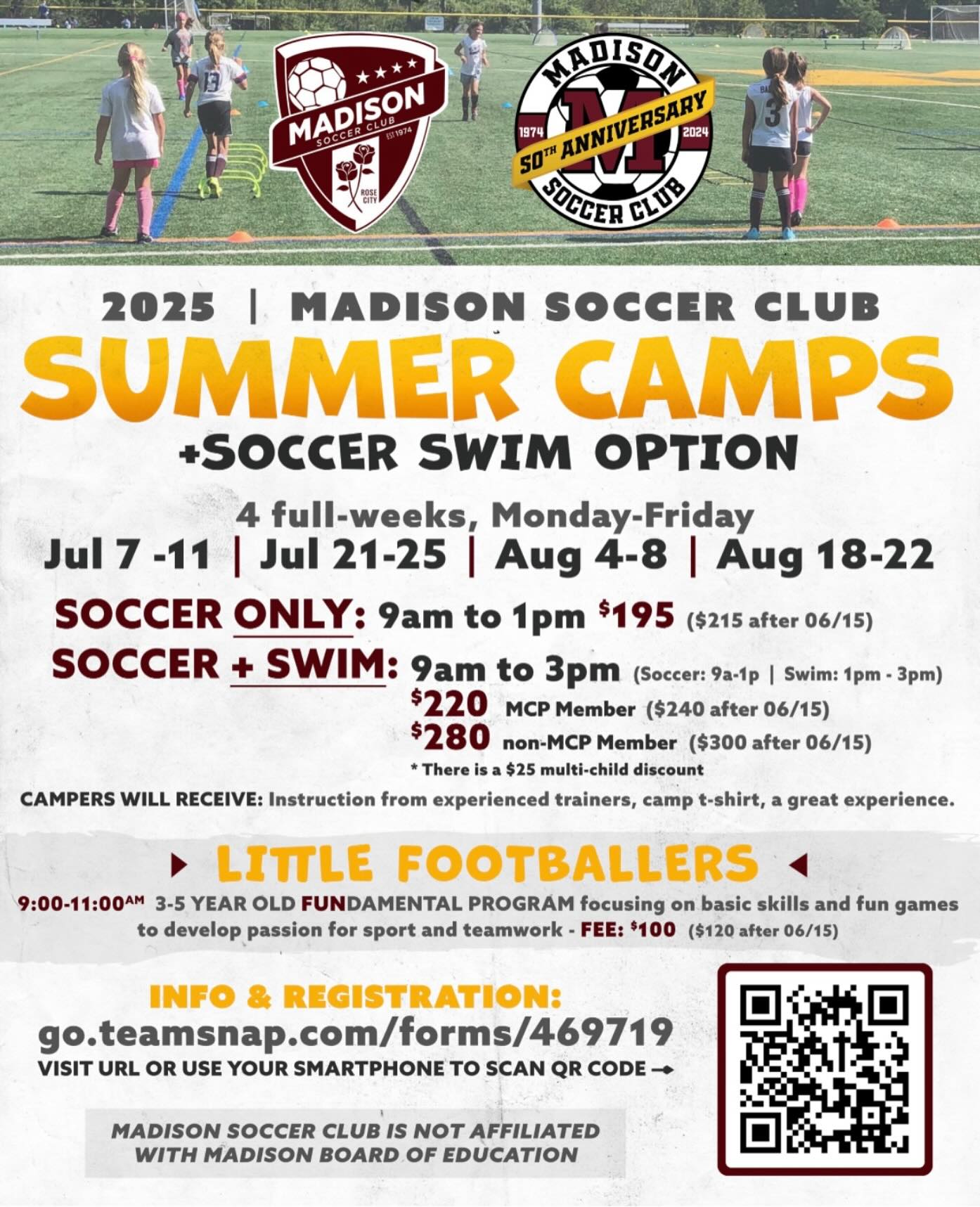 Check out our amazing Summer camp options! Soccer + Swim or Soccer only! 4 full-weeks, Monday-Friday. Sign up via QR code.