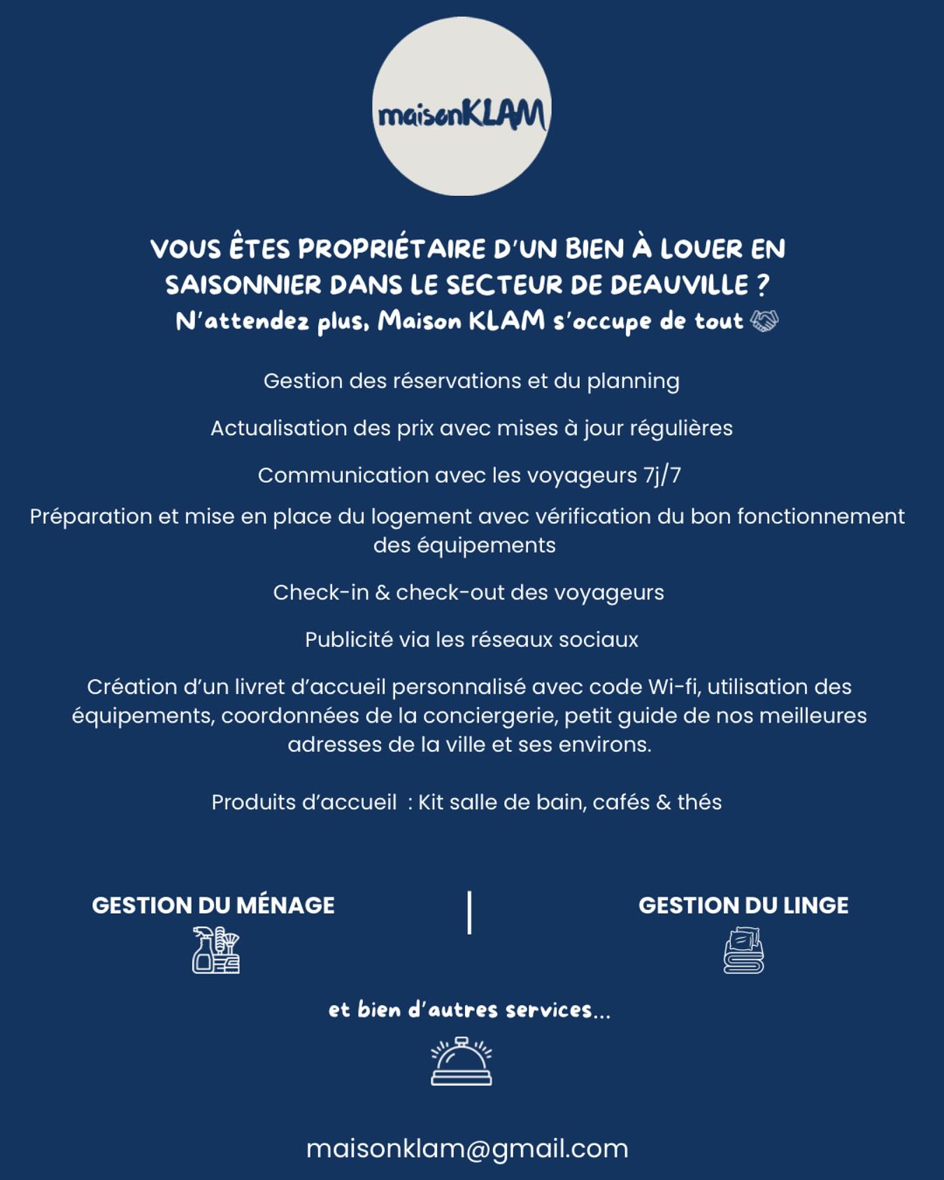 À la recherche d’une conciergerie de confiance pour gérer votre bien en location saisonnière ?
Contactez-nous :
Maison KLAM
📱 07 68 49 56 64
✉️ maisonklam@gmail.com
#conciergerieprivée #sérénité #revenus #confiance #deauville #trouville #maisonklam