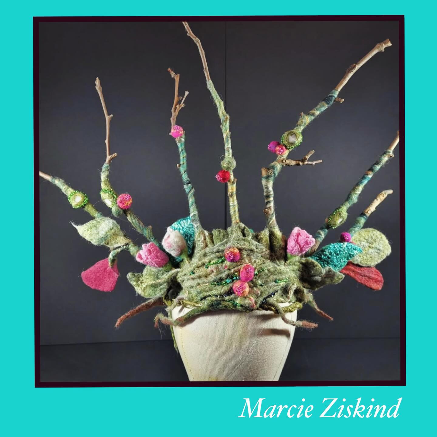 Marcie Ziskind @feltedstones created “Woodland Crown” from actual sticks, wool roving, silk, raffia-wrapped wire, and hand beading. The piece was inspired by her Mom, an original Earth Mother.
Congrats to Marcie for winning an award from @gallery4percent in the Floral and Botanicals contest.