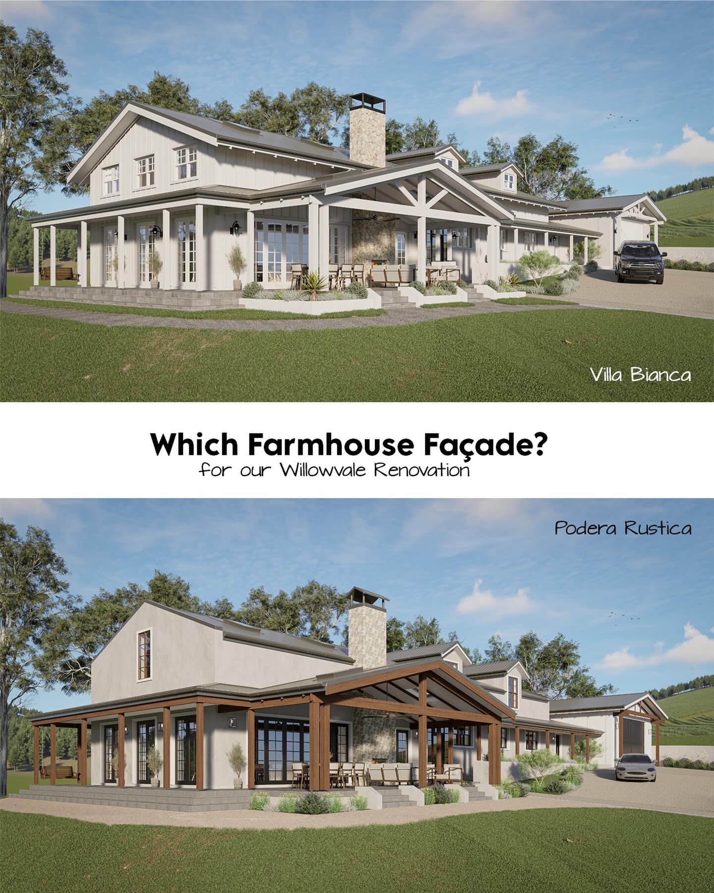 We’ve created these two façade styles for our client, which would you pick?
With our interior design collaboration with @amelia.gallen.interior.design set to take on European farmhouse vibes, we wanted to create a second façade style which proposed a bold look compared to what our client was perhaps expecting but certainly in keeping with the design discussions to date.
An existing shed has been renovated in the style of our first option ‘Villa Bianca’ but perhaps the house can have more character of its own. Or maybe the second option is just a dramatic concept from which the client can select elements.
The exciting part about this process is our client will now able able to fine tune either option or request we do a hybrid (eg black windows and timber beams to the otherwise white modern farmhouse.
Which would you choose to progress?
Visualization graphics: @mzstudio.arch