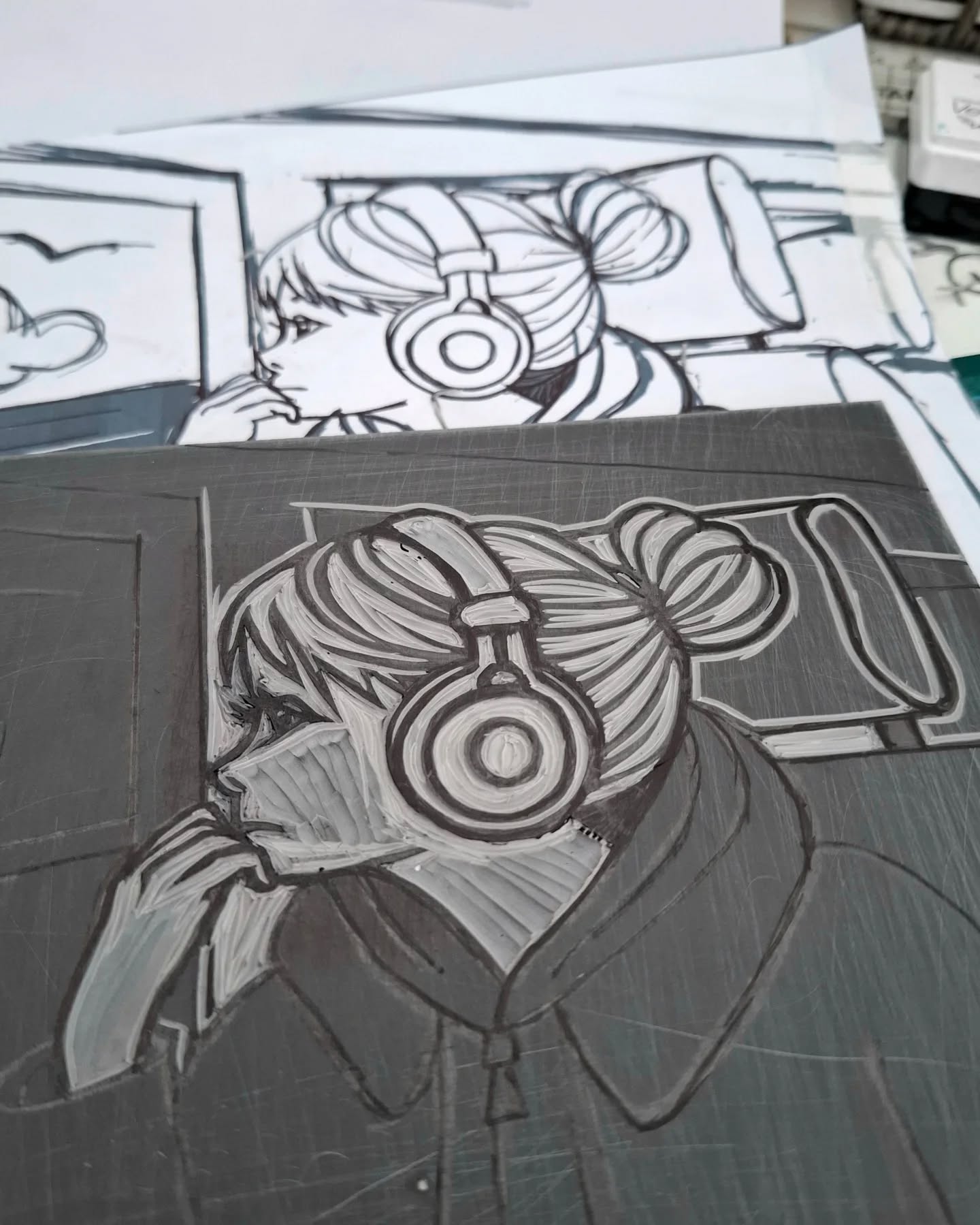 I started carving my design for @thoughtpressproject today. I was struggling a bit with the theme this year, but I finally did a design I like it. Let's see how it turns out!đ
.
.
.
#printmaking #linocut #handcarved #linocutinprogress #printinprogress #workinprogressart #carvinginprogress #thoughtpressproject #soundandvision