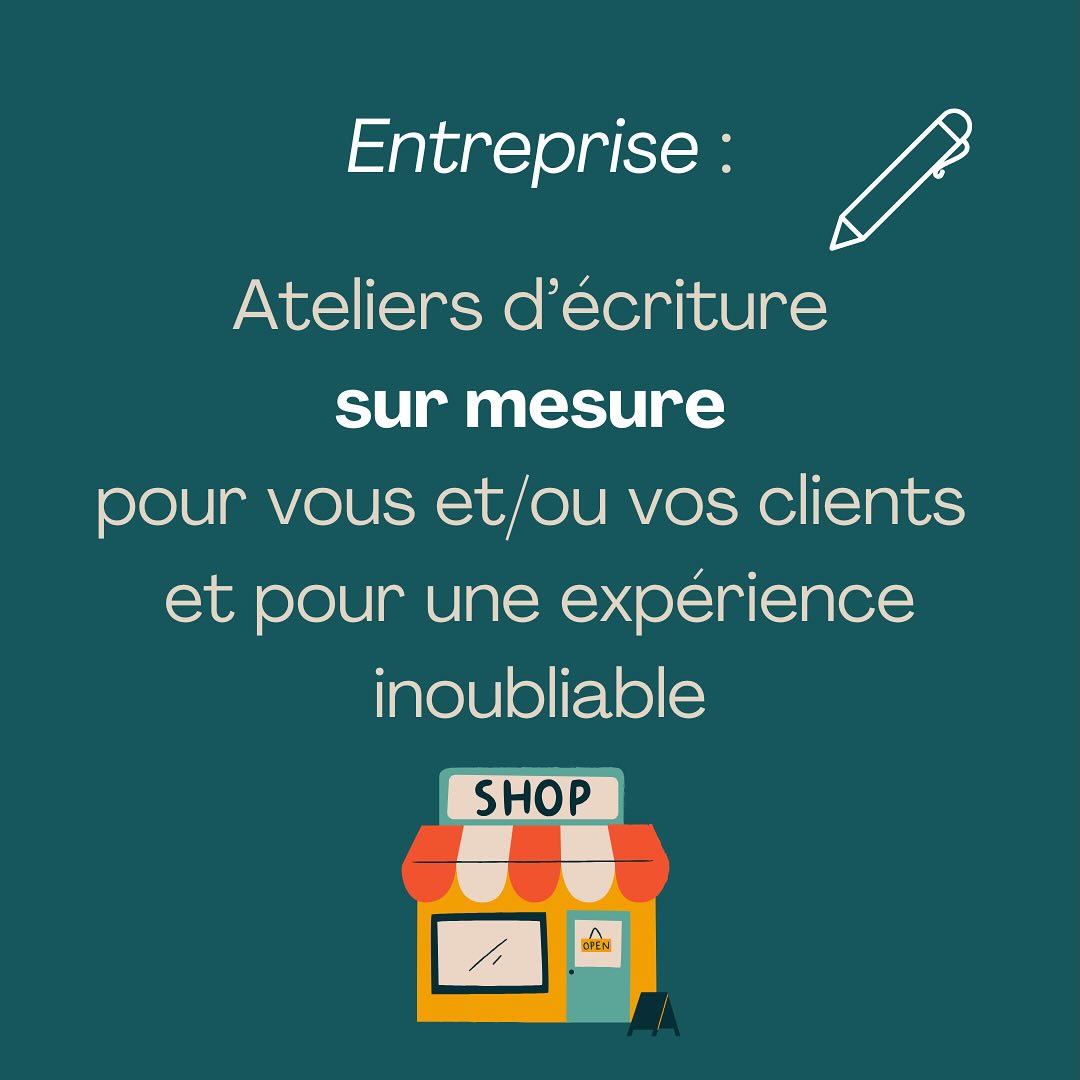 🍷🫖📖 Offrez à vos clients la possibilité de prolonger l’expérience que vous proposez (dégustation de vin, café, thé, restauration; magasin cocooning : librairie, fleuriste, décoration, concept store…) avec un atelier d’écriture totalement sur mesure.
💼Offrez à vos salariés un espace unique où ils pourront libérer leur créativité et renforcer leur esprit d’équipe lors de séminaires ou d’événements particuliers.
Alors, intéressé(e) par :