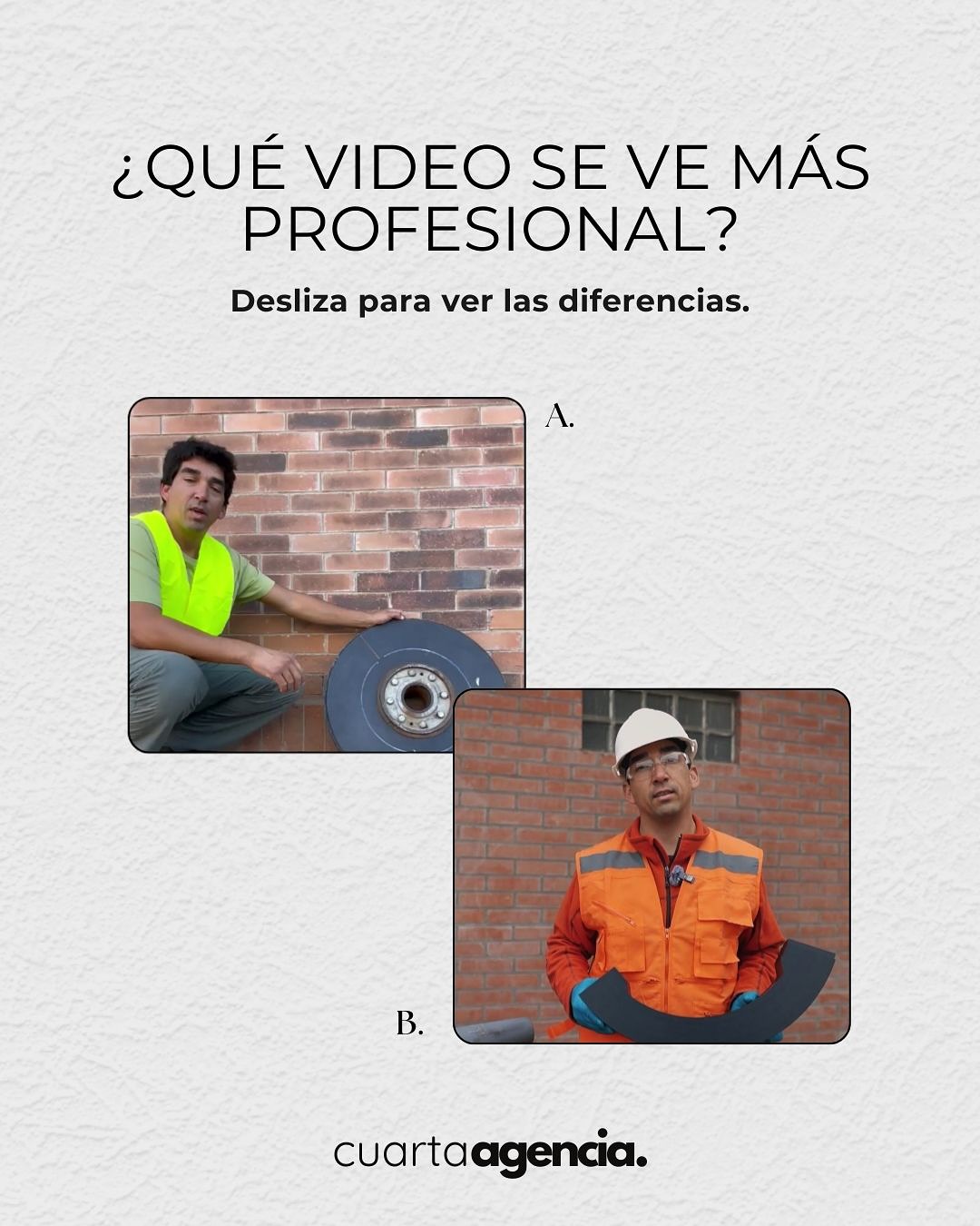 📢 ¿Tu video refleja la calidad de tu negocio?
Los videos son la carta de presentación de tu marca en redes. Si son profesionales, atraes, nuestras mayor preocupación, dedicación y vendes más.
Mira la diferencia entre un video casero y uno producido por Cuarta Agencia. La calidad hace la diferencia. 🚀
Preparamos (guiones), grabamos y editamos tus videos para un mayor impacto!
👉 Si quieres que tu marca se vea profesional, ¡contáctanos!
#MarketingDigitalChile #VideosProfesionales #EstrategiaDeContenido #ContenidoQueImpacta #BrandingDigital