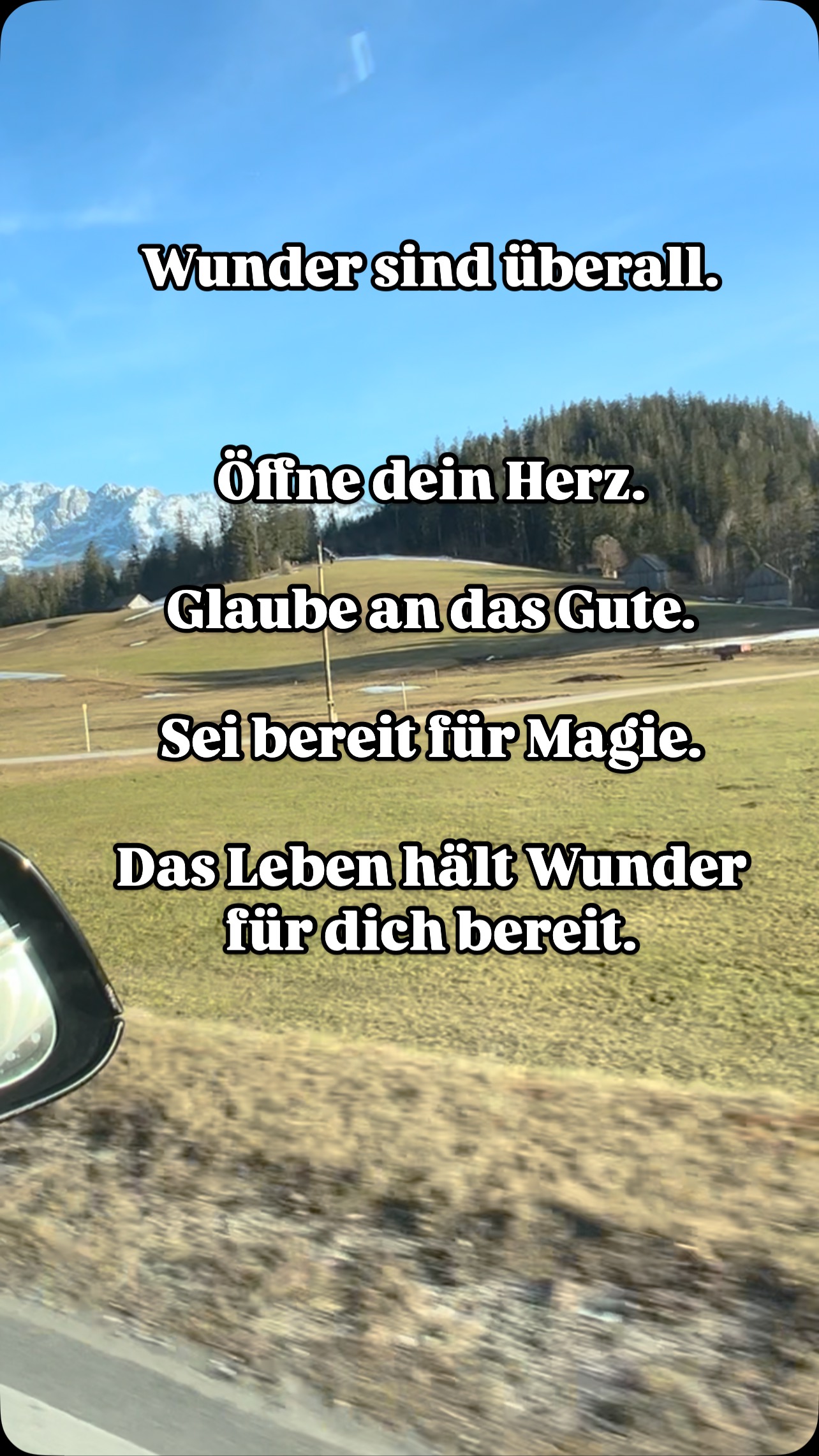 ✨ Wunder sind überall. ✨
Im Lächeln eines Fremden.
Im ersten Sonnenstrahl am Morgen.
In einem Moment, der dein Herz höher schlagen lässt.
Manchmal kommen sie leise.
Manchmal genau dann, wenn du sie am wenigsten erwartest.
Aber sie sind da – immer. 💫
Öffne dein Herz. Glaube an das Gute. Sei bereit für Magie. 💖
Das Leben hält WUNDER für dich bereit.