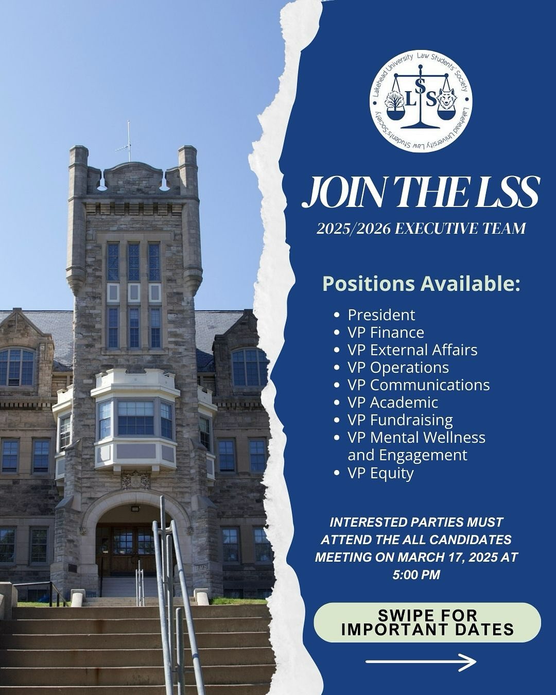 Are you interested in getting involved with the LSS next year? Do you want your voice to be heard? If so - now is your chance!!Â
The nomination period for the Lakehead Law Studentsâ Society 2025/2026 Executive Team Election will commence on Friday, March 14, 2025 at 8:00 AM. If you are interested in running for an executive position, you must have another student complete the nomination form in the Nomination Package (emailed to all students) by Sunday, March 16, 2025 at 11:59 pm. Please review the scrutineer conditions carefully.Â
Please note that there will be a mandatory All Candidates Meeting on Monday, March 17, 2025 at 5:00 PM.Â
Campaigning will begin on Monday, March 17, 2025 at 8:00 AM - students are NOT permitted to start their campaigns before this time.Â
All prospective candidates are expected to review the Nomination Package in full and adhere to its guidelines. Details about the roles available and their associated responsibilities are included in the LSS Constitution. Questions or concerns may be directed to Chief Returning Officer, Danté Brown-Young (president.lss@lakeheadu.ca), or Deputy Returning Officer, Jessica Hayes (vpcomms.lss@lakeheadu.ca).
Thank you, and we look forward to a productive and congenial election period!