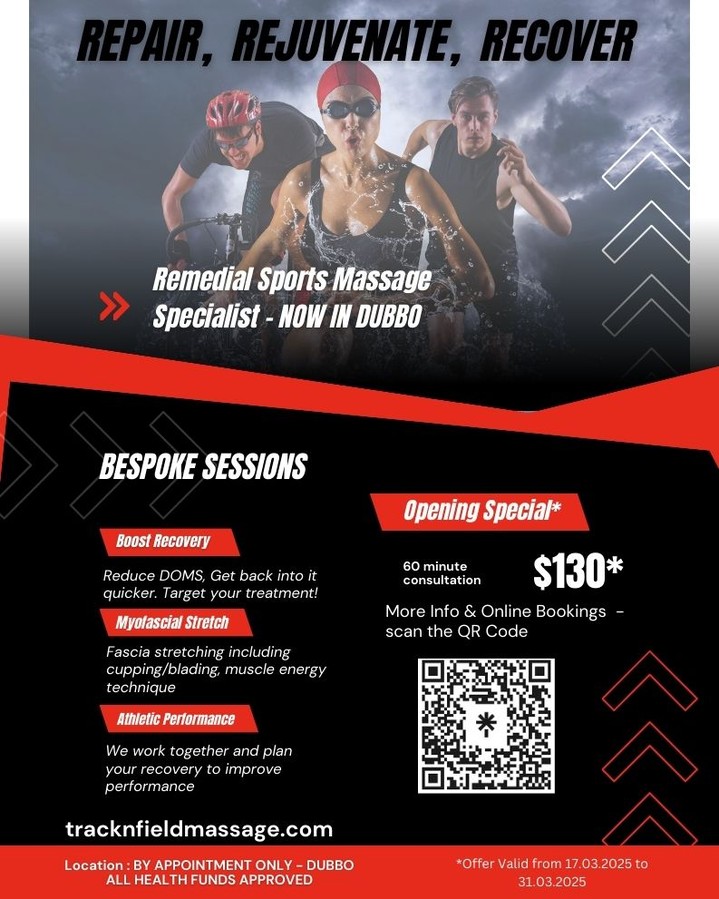 Trying to get the word out in Dubbo that my clinic is now open. Dropping off flyers to local gyms in the area, so if I missed yours let me know and I will call past with this offer.
This is a limited time offer - only two weeks starting Monday 17 March and finishes Friday 31 March.
Book Now via scanning the QR code on the flyer or see details in the bio.
#sportsmassagedubbo #remedialmassagedubbo #massagerecovery #athleterecoverydubbo