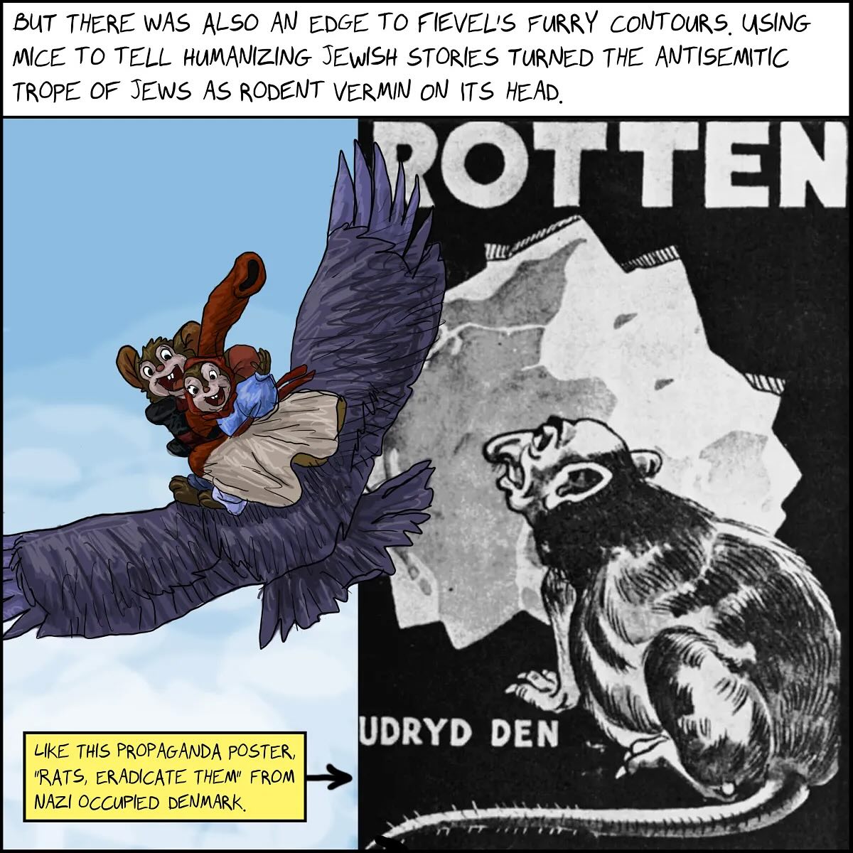 Panels 6-10 of my new graphic essay for @hyperallergic— Fievel vs. Nazi tropes, Spiegelman vs. Spielberg, Mickey Mouse in a concentration camp, Roger Rabbit in an attic— this part’s got it all. Link in bio 🕳️🐇
#anamericantail #whoframedrogerrabbit #mickeyingurs #maus
