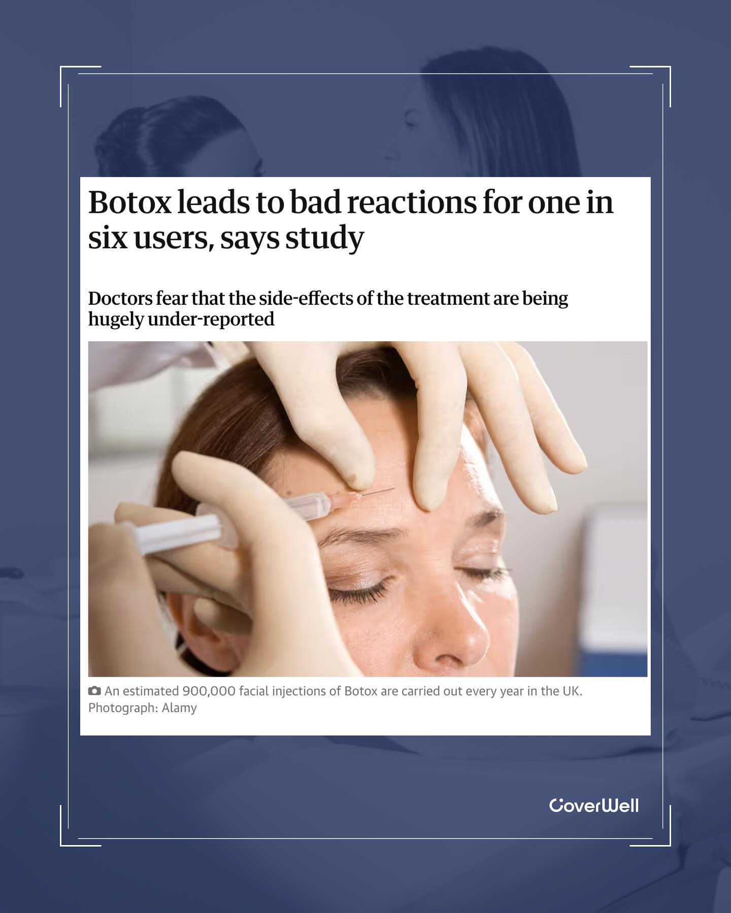 Did you know 1 in 6 Botox users experience some type of adverse reaction? 🤯
Understanding the risks is just as important as enjoying the results.
At CoverWell, we make sure youre protected for any unforeseen circumstance that can come from your treatment.
Full article linked in story. 👆🏻