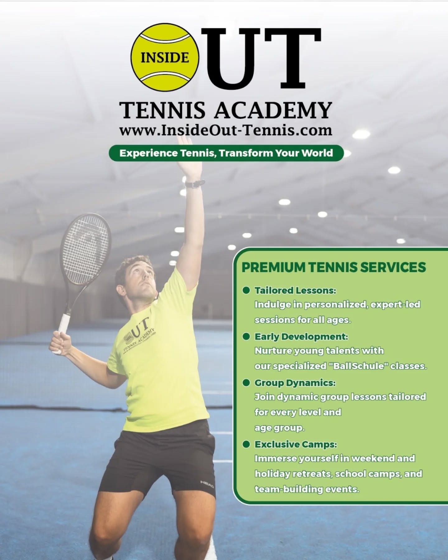 🚀 New Flyer, New Energy! 🚀
Check out our fresh flyer design featuring Head Coach Georgi in action! 🎾 Serving up skill, passion, and top-quality training at InsideOut Tennis Academy. Whether you're a beginner or a competitive player, we've got programs for everyone!
✅ Kids & Adults Training
✅ Private & Group Lessons
✅ Camps & Open Days
📍 Location: VITIS Schlieren
🔗 Find out more & register today! (Link in Bio)
#TennisZurich #InsideOutTennis #Schlieren #Altstetten #SwissTennis #ZurichSports #TennisTraining #TennisForAll #TennisAcademy