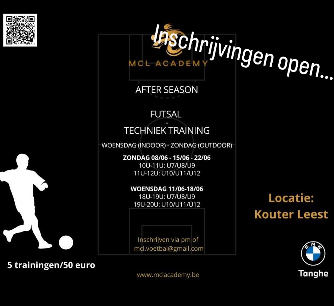 !!!GROOT NIEUWS!!!
Ook dit jaar organiseren we opnieuw een futsal after season voor U7 t/m U12 in sporthal Kouter te Leest (Mechelen)
Kom 5 trainingen lang je techniek verfijnen en futsal leren kennen onder leiding van gediplomeerde coaches
Schrijf je nu in via of vraag meer informatie via mcl.voetbal@gmail.com of via pm.
Let op de plaatsen zijn beperkt.