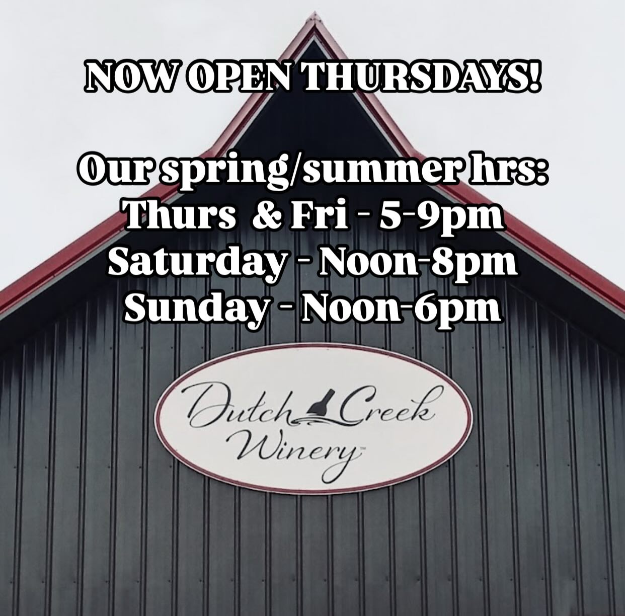 NOW OPEN THURSDAYS!
Today starts our spring/summer hrs:
Thurs & Fri - 5-9pm
Saturday - Noon-8pm
Sunday - Noon-6pm
Pizza, pretzels with house made beer cheese, wine, hard cider, beer, & honey soda
#ohiocider #ohiobrewweek #ouohyeah #614drinks #OhioFindItHere #amesvilleohio #ohiowineries #mead #cbusfoodscene #614eats #columbus #ohiouniversity #columbusfoodie #athensohio #hardcider #honeywine #columbuseats #windy9 #fruitwine #athenscountyohio #visitathensohio #ohiowine #eatdrinkohio #ohiofoodie #Hockinghills #pizzaandbeer #614now #dutchcreekwinery #DCW #visitathenscountyohio