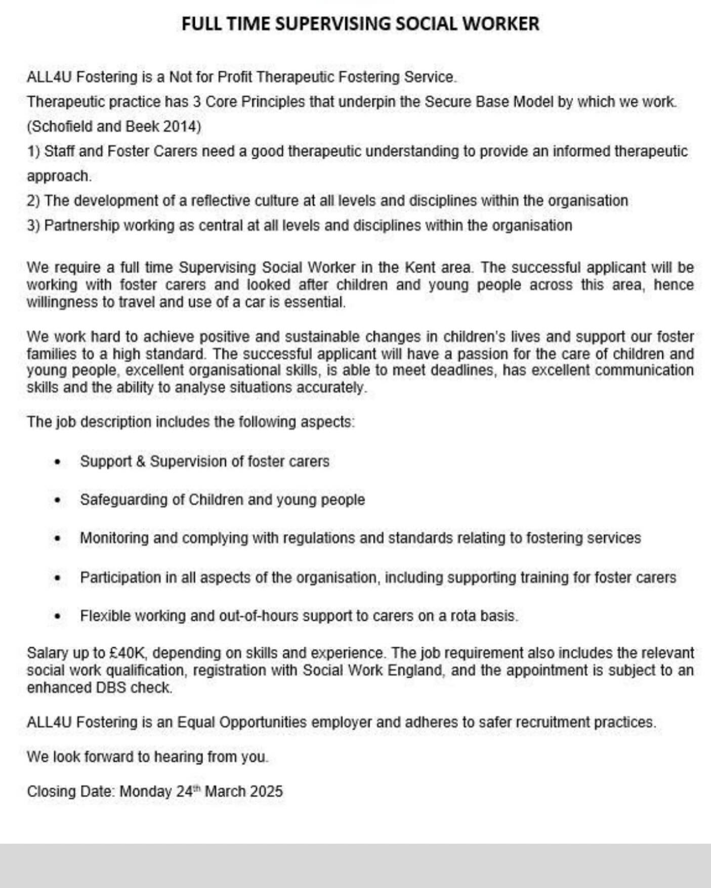 💻📱ALL4U Fostering is looking for another Supervising Social Worker to join our team. If you are interested in joining the ALL4U family, or you know someone who might be suitable, please share these details with them. Please get in contact with us for an application pack at steph.major@all4ufostering.co.uk. Closing date Monday 24th March 💻📱
#foster #children #jobopportunity #fostering #hiring #hiringnow #hire #fostering
