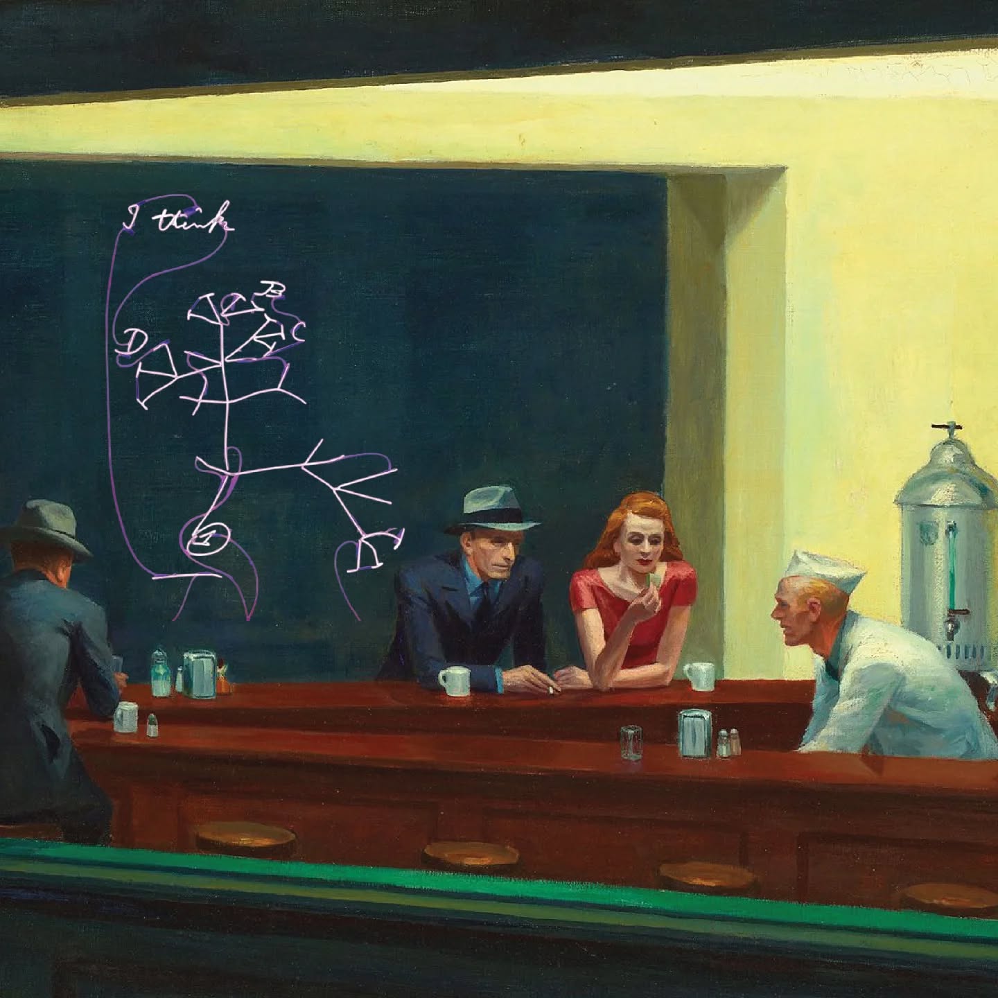 Ed, the bar owner, thought that displaying The Player's neon artwork in the window would attract more customers. His attempt implied celebrity endorsement is not working.
@johnsteedartist #instagramimagetennis @new.balls.please #collage #josephkosuth #edwardhopper