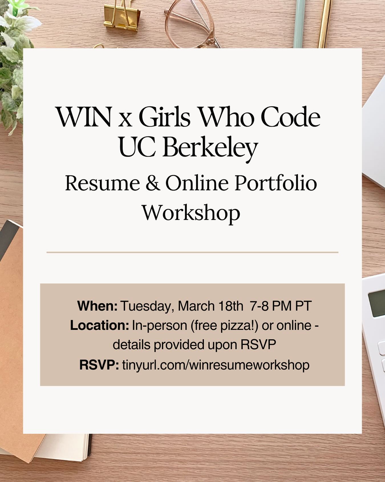 It’s time to dust off your resume/portfolio and get it into tip-top shape! Attend an in-person resume and portfolio workshop at UC Berkeley, featuring personalized reviews, templates, and pizza, with a concurrent Zoom session available for remote participants, co-hosted with @gwcberkeley.
RSVP @ link in bio! Event open to all WIN members.