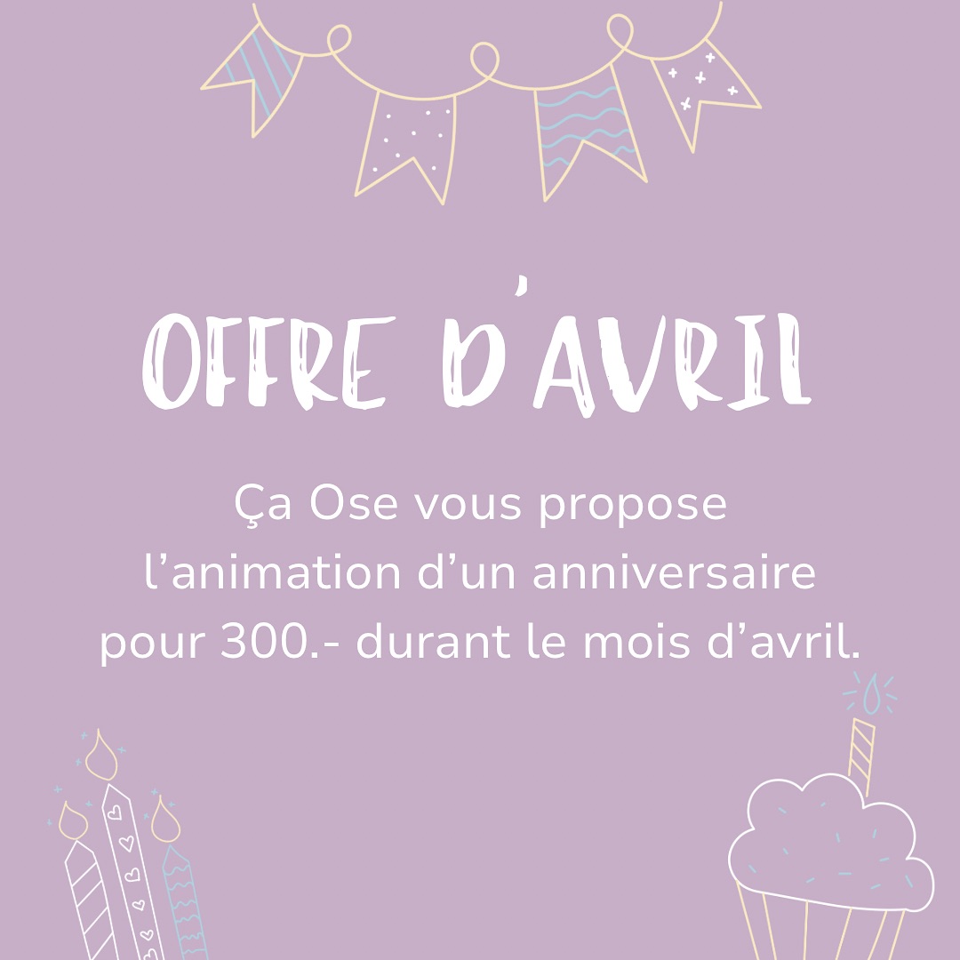 Tout le mois d’avril, profitez d’une animation d’anniversaire d’une heure à un prix exceptionnel : 300.- pour 10 enfants ! Offrez à votre enfant une fête inoubliable avec des jeux, des activités créatives et plein de surprises. Ne manquez pas cette occasion de célébrer sans stress !