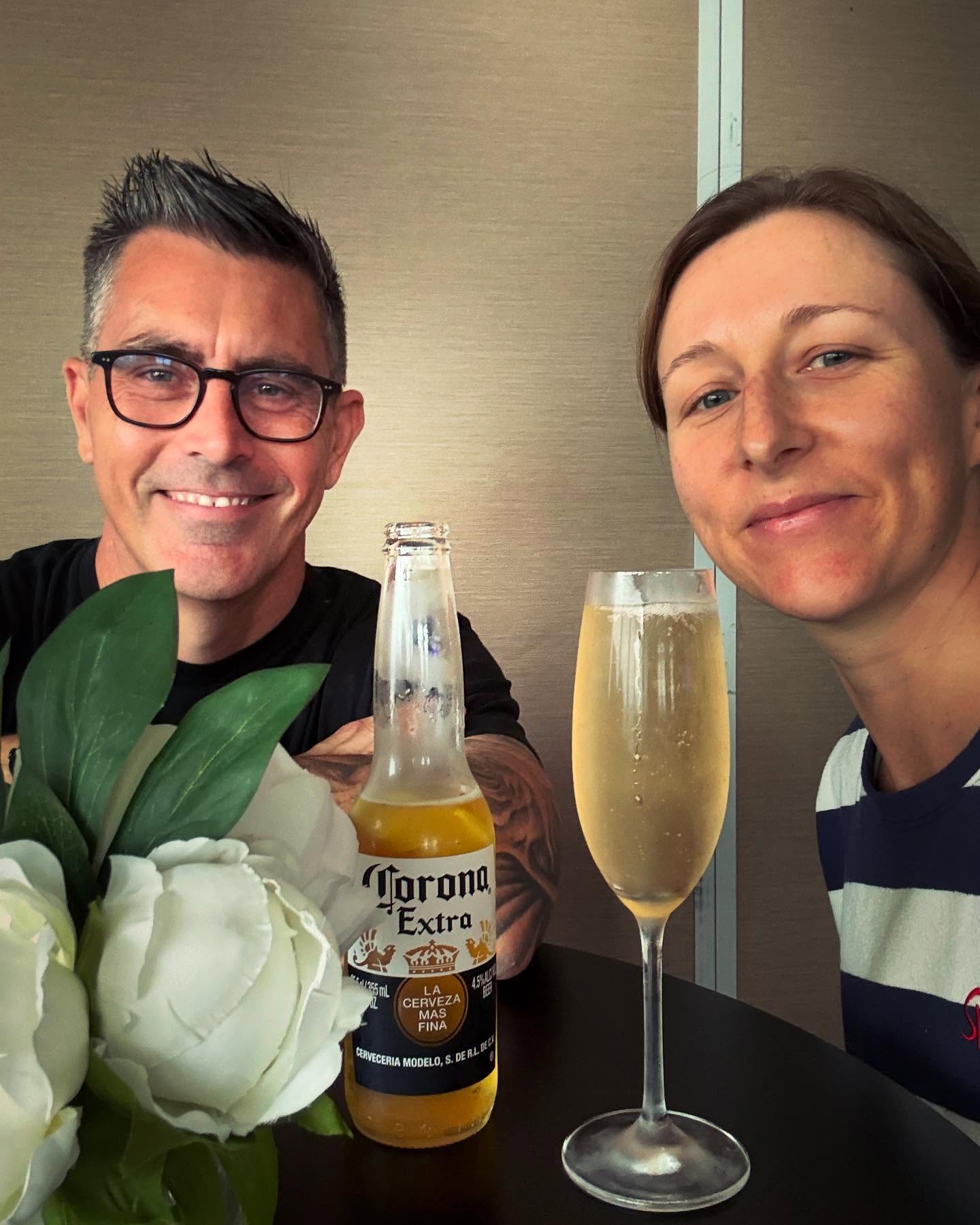 And we are off!! This picture makes me so happy… the culmination of months (years!) of planning, we are finally embarking on this adventure of a lifetime! Our wonderful house/pet sitter has the home front under control, and we can let ourselves loose on the world with our favourite beverages in hand! Happy 50th my love @shouldhavebeenafirie (and happy 40th to me!)! #rydgescloud9 #sydneyinternationalairport #mumm #corona