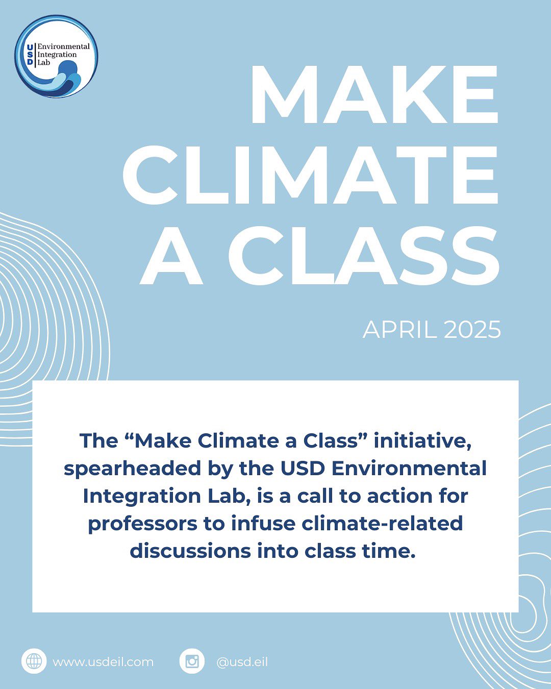 The EIL is launching our second annual Make Climate a Class Initiative. Last year, 18 professors across 13 disciplines participated and we reached an estimated 500+ students! We hope to build on this momentum and increase impact in 2025.
Encourage your professors to participate in this year’s initiative. Professor registration link in bio!