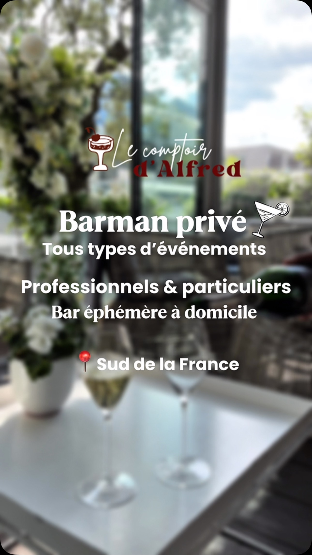 Un cocktail d’élégance et de saveurs ! 🍸✨
Avec Le Comptoir d’Alfred, chaque événement devient une expérience unique. 🎉 Profitez d’un bar mobile, d’une mixologie, et d’une ambiance soigneusement mise en scène avec une décoration élégante, pour un moment inoubliable.
Que ce soit pour un événement pro ou privé, tout est inclus : cocktails signatures,cocktail sur mesure et service soigné. Vous n’avez plus qu’à savourer ! Le comptoir d’Alfred S’adapte à vos envies !
📍 Basé dans le Sud de la France – Déplacez le bar à cocktails où vous voulez !
🔗 Réservez dès maintenant et offrez à vos invités une expérience unique ! ⬇️ #BarmanPrivé #CocktailLovers #Événementiel #BarÉphémère #BarmanÀDomicile #CocktailsSurMesure #Mixologie #FêtePrivée #Mariage2025 #Anniversaire #SoiréePrivée #SudDeLaFrance #BarmanProfessionnel #ExpérienceUnique#06 #frenshrivera