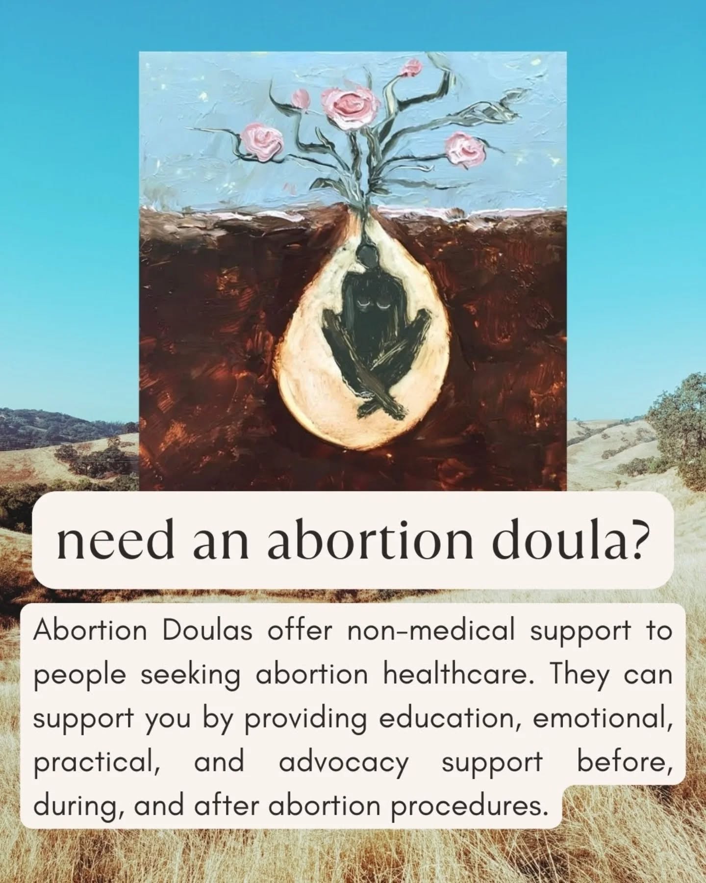 available for reproductive justice centered services 💙 here for you in every way!!
#birthworkersofcolorcollective #birthworkersofcolor #AbortionDoulas #ReproductiveJustice
#CaliforniaResidents #SupportAndEmpower #ReproJustice #California #abortionsupport
#abortion #doula #traumainformed