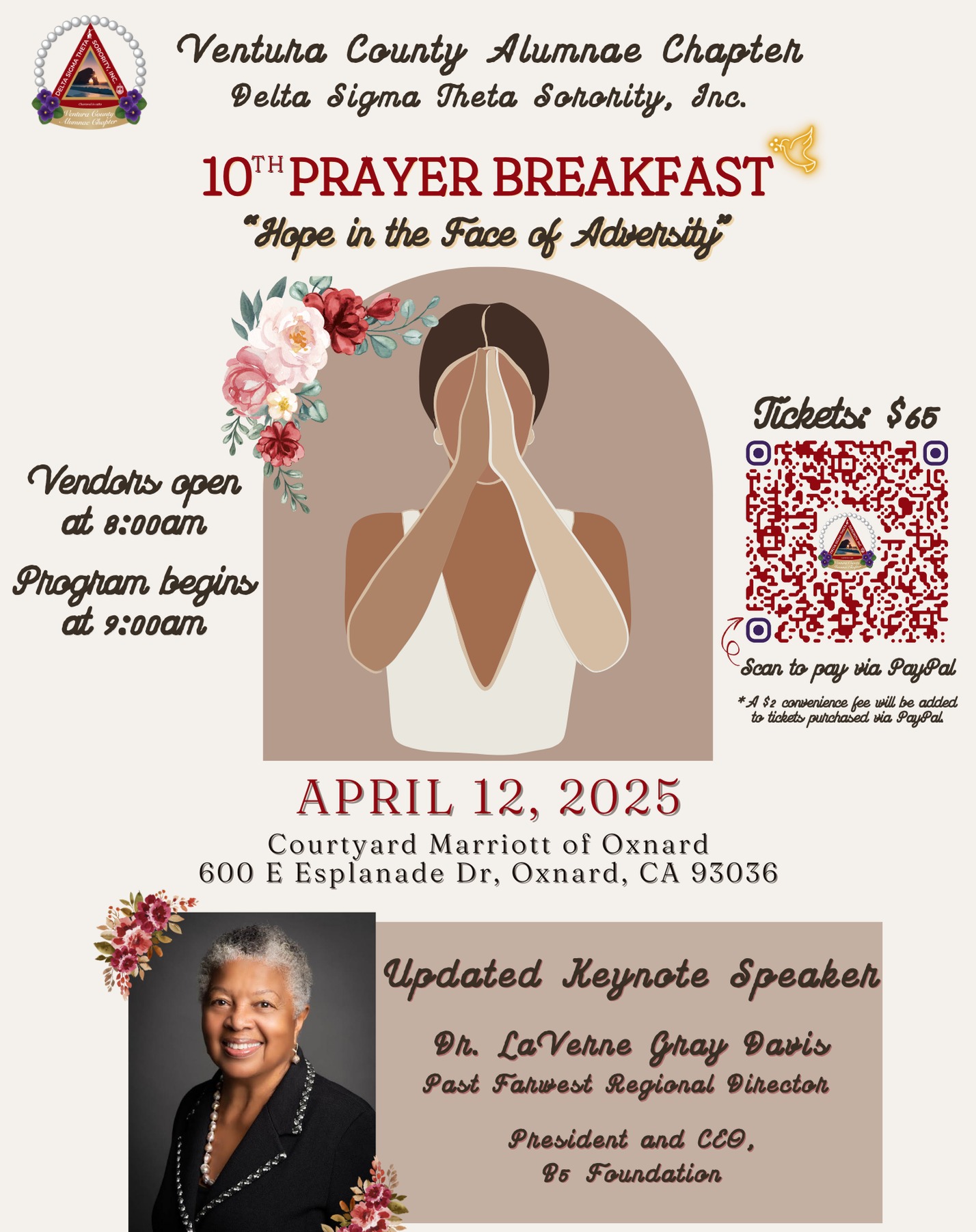 **Speaker Update**
Please join the Ventura County Alumnae Chapter of Delta Sigma Theta Sorority, Inc. for our 10th Annual Prayer Breakfast featuring keynote speaker Past Farwest Regional Director Dr. LaVerne Gray Davis.
Enjoy a beautiful day of service, shopping with local vendors and fellowship with local prayer warriors and community members. You don't want to miss it!
Proceeds to benefit scholarships, chapter programs and other community service projects.
Contact info@dstvcac.org to purchase tickets, secure vendor booth reservations and inquire on event information.
#dstvcac #prayerbreakfast #DSTFarwestRegion