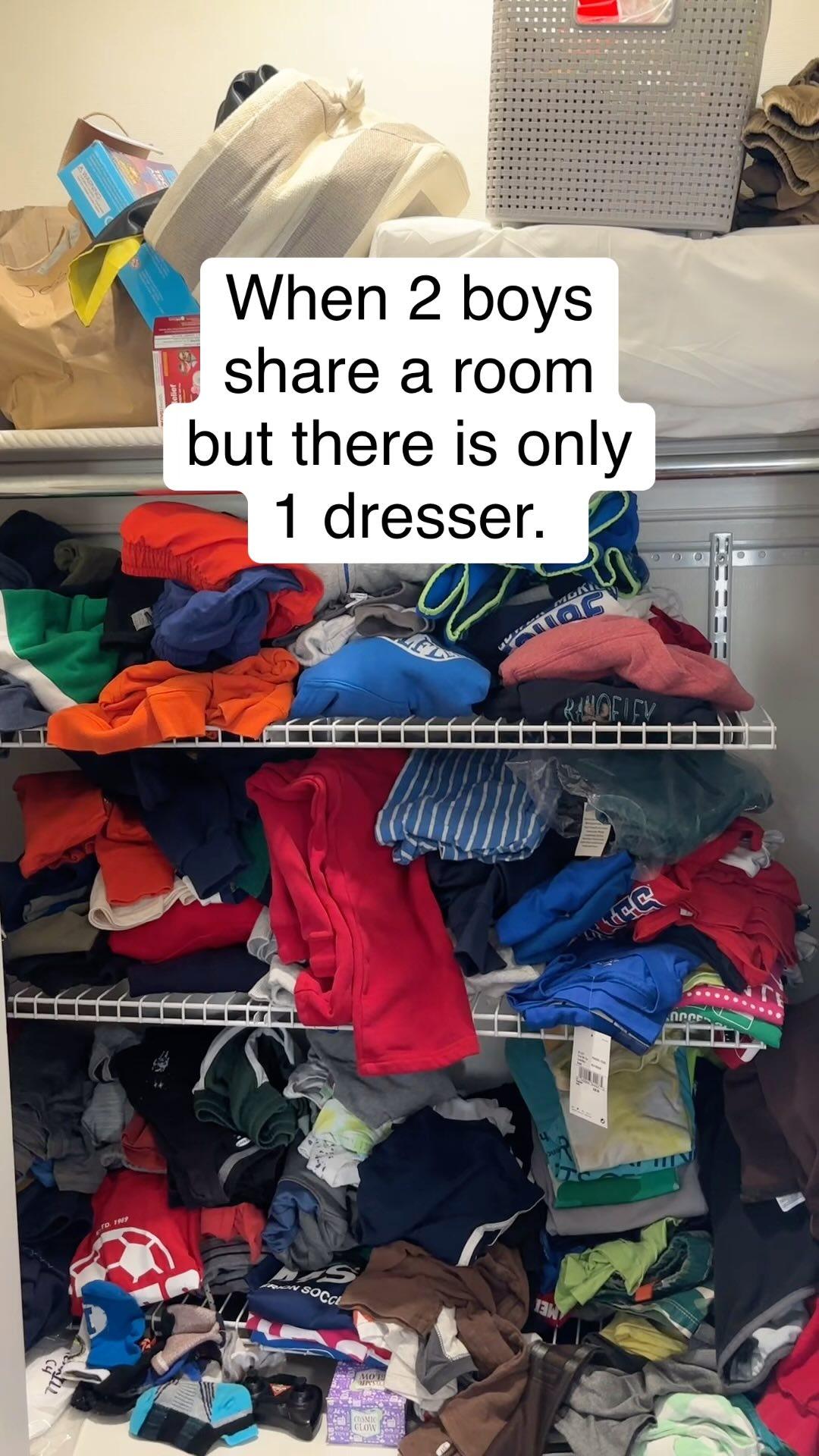 When 2 boys share a room but there is only 1 dresser. This is a perfect example of making what you have work for you and your family. My client could not fit another dresser into the shared room, so we turned the open closet into a drawer system with bins. #youhavetoworkwithwhatyougot #organizedlife #organizedhome #mainline #mainlinemoms #mainlinepa #organizingthemainline #organizedmom #efficientliving