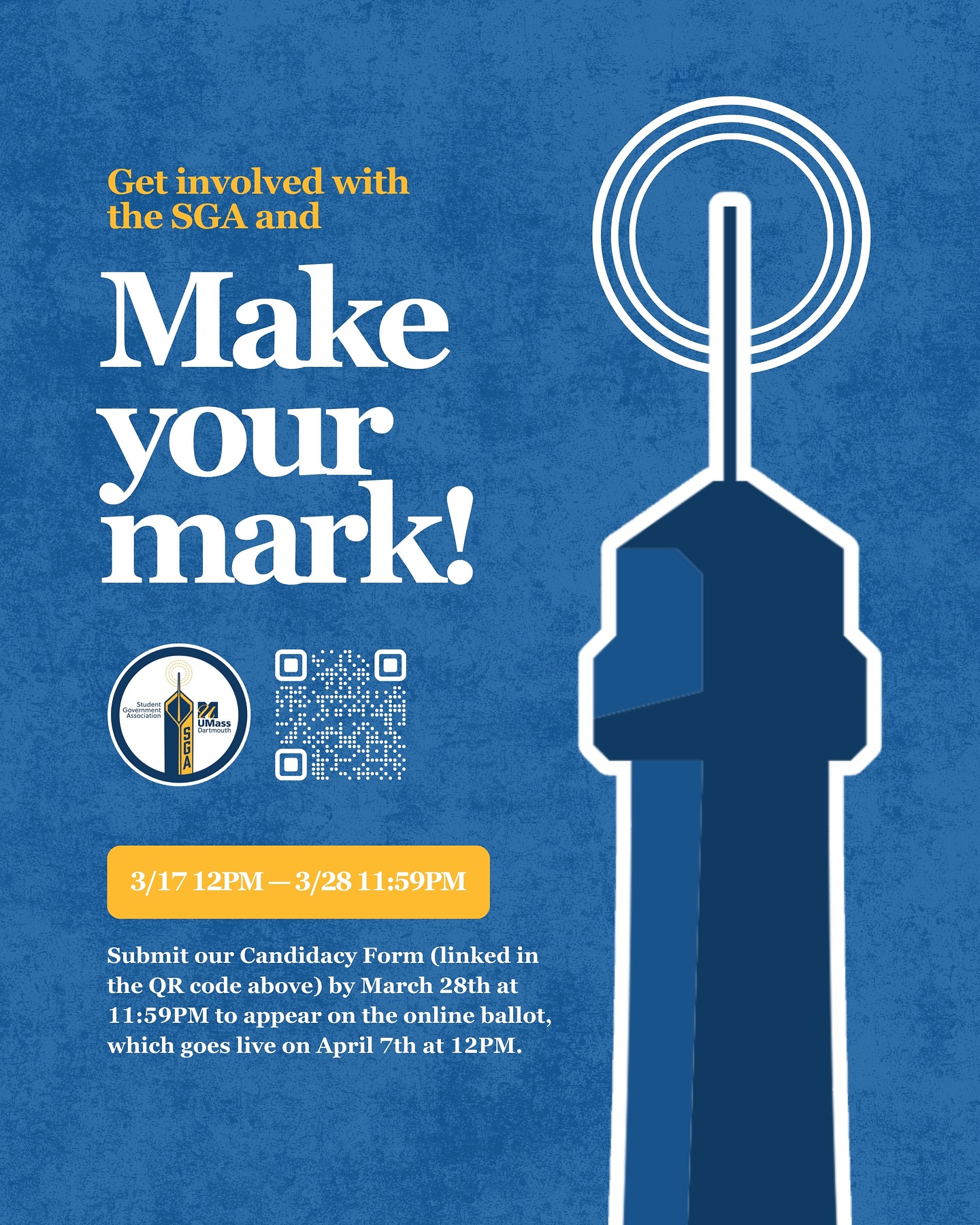 Make your mark on this campus! You can make a positive impact as a member of the SGA. To run for an SGA position for the 2025-2026 academic year, submit our Candidacy Form (via the QR code to the left) by March 28th at 11:59PM. 🤝🗓️
The online ballot will be live from April 7th at 12PM to April 10th at 11:59PM. Direct all questions to sgapres@umassd.edu. Good luck! 🗳️🍀😉