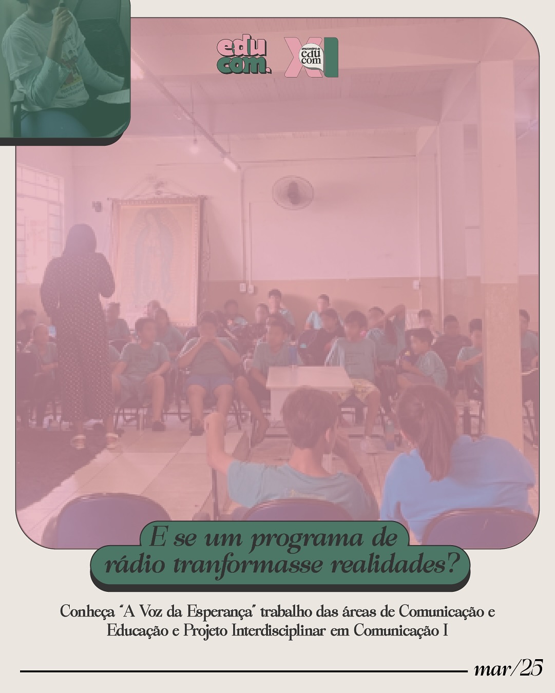 Na parte 5 dos posts dos trabalhos Educomunicativos e de PIC I, explicitamos o episódio de rádio “Cavanis no Ar!”. Foi produzido por Ester Carvalho, Gabrielli Vitória Pereira, João Pedro Carvalho, João Pedro Mesquita, Samantha Alves e Wyllorrany Amorim, juntamente com a ONG Casa da Criança e do Adolescente Cristina Cavanis.
Este trabalho propôs uma expressão artística comunicativa que ligasse os jovens do grupo, em situação de vulnerabilidade, a uma experiência do universo midiático — promovendo, assim, a autoexpressão e engajamento de infantes que, muitas vezes, não possuem acesso à essas mídias.
Para saber mais, acesse o link do Spotify para ouvir ao episódio (https://open.spotify.com/episode/2tZsYkDlkxzYwyPOVyFhkl?si=XZM1N9DBTSC-3viqES6UnA).
#cavanis #radio #educomunicação