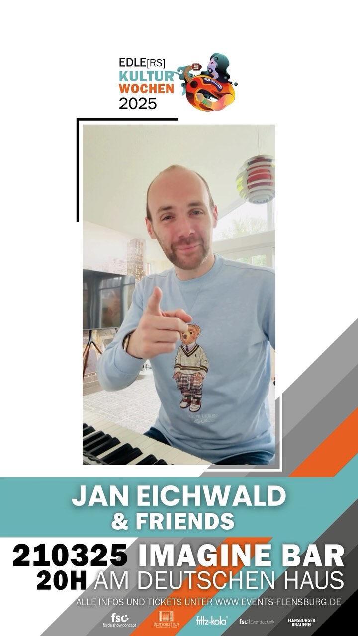 🎼 SAVE THE DATE 🎼
⏰ 21.03.2025: THEO KLATTENHOFF & FRIENDS in der @imaginebarfl am @deutscheshausflensburg 🎉
Mit dabei: Jan Eichwald aus Flensburg (@jan.eichwald) 😍
Mein Name ist Jan Eichwald, ich bin 30Jahre alt und ich habe meine Liebe zur Musik zum Beruf gemacht. Nach mehr als 20 Jahren an den Tasten, steht bei mir nach wie vor im Fokus, meine Zuhörer mit meiner Leidenschaft zur Musik zu begeistern, sie zu berühren und ihnen besondere Augenblicke zu schenken.
Ist er bereits überregional und international als Eventmusiker bekannt, steht er bei uns als Singer-Songwriter mit eigenen Liedern auf der Bühne - erlebt Jan doch mal ganz neu!
SEID DABEI 🤩
TICKETS GIBT ES BEI EVENTIM UND BEI ALLEN BEKANNTEN VORVERKAUFSSTELLEN.
@sinnprovinzen @unddasleben @theo.klattenhoff @anja_singersongwriterin @lasse.pts @lissys_music @jonson.music @jan.eichwald @fatma.hafnaoui
#janeichwald #deutscheshaus #flensburg #singersongwriter #musikausdemnorden
