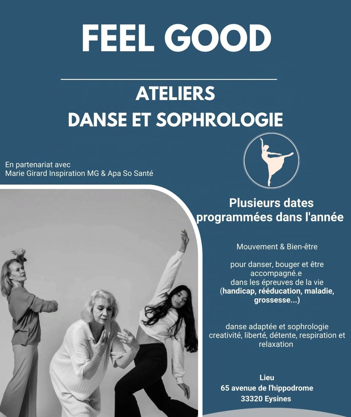 ✨Nous sommes heureux de vous annoncer le lancement des Ateliers « Feel good »!✨
✨Un moment unique de mouvement et de bien-être combinant danse adaptée et sophrologie.✨
📅 Date(s) : les jeudis 10/04/25, 22/05/25 et 12/06/25
📍 Lieu : à La Cinquième Arabesque
✨ Au programme :
🟠 Danse adaptée avec Solène : un espace bienveillant pour explorer votre créativité et votre motricité à travers des exercices ludiques et des chorégraphies collectives. Accessible à tous.
🔵 Sophrologie avec Marie : un temps de relaxation pour relâcher les tensions, libérer les émotions, se recentrer et ancrer les bienfaits du mouvement grâce à la respiration et à la visualisation.
🔹 Pour qui ?
Ouvert à tous!
Toute personne souhaitant bouger et être accompagnée dans les épreuves de la vie (handicap, rééducation, maladie, grossesse...)
Un temps pour soi, entre énergie et sérénité !
📩 Inscriptions ouvertes sur notre page HelloAsso!
18€ l'atelier 2h non adhérent / 10€ l'atelier 2h adhérent
À bientôt pour ce moment « Feel good » tout en mouvement !
L'équipe de La Cinquième Arabesque
Avec @marie_girard_inspiration_mg et @apaso_sante
#eysinesmaville #eysines #eysinesculture #bordeaux #bordeauxmaville #bordeauxmetropole #merignacmaville #merignac #lebouscat #bruges #lehaillan #bassindarcachon #saintmedardenjalles #Blanquefort #danse #danseadaptée #sophrologie #bienêtre #bienetre #bienetreauquotidien #lacinquiemearabesque