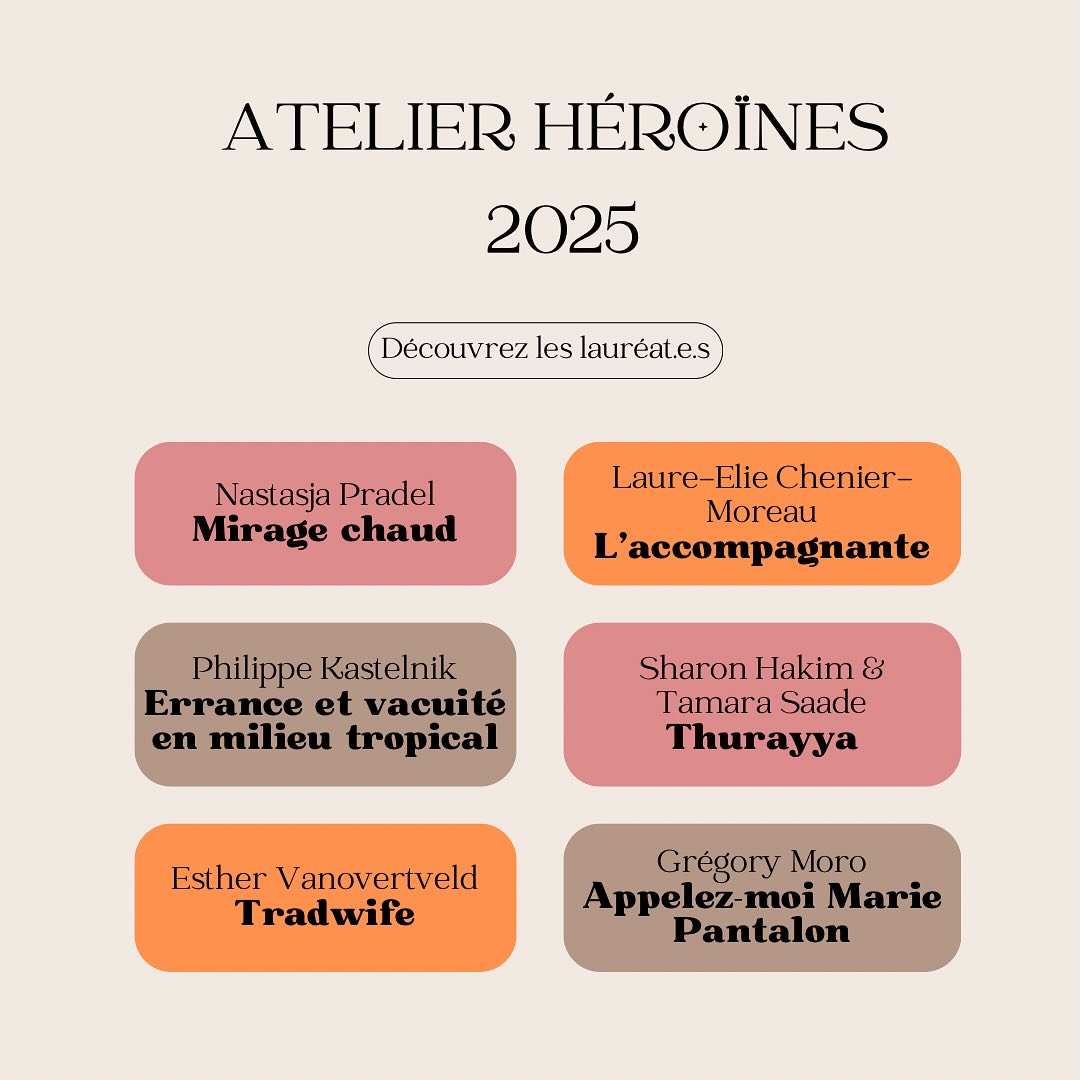 ✨ Voici les 6 projets lauréats de l’Atelier Héroïnes 2025, qui sera encadré par nos deux consultantes Maud Garnier et Anastasia Feuillet. Bravo à eux.elles ! ✨
Et merci à nos partenaires @le_cnc @iledefrance @sacdparis 🙏