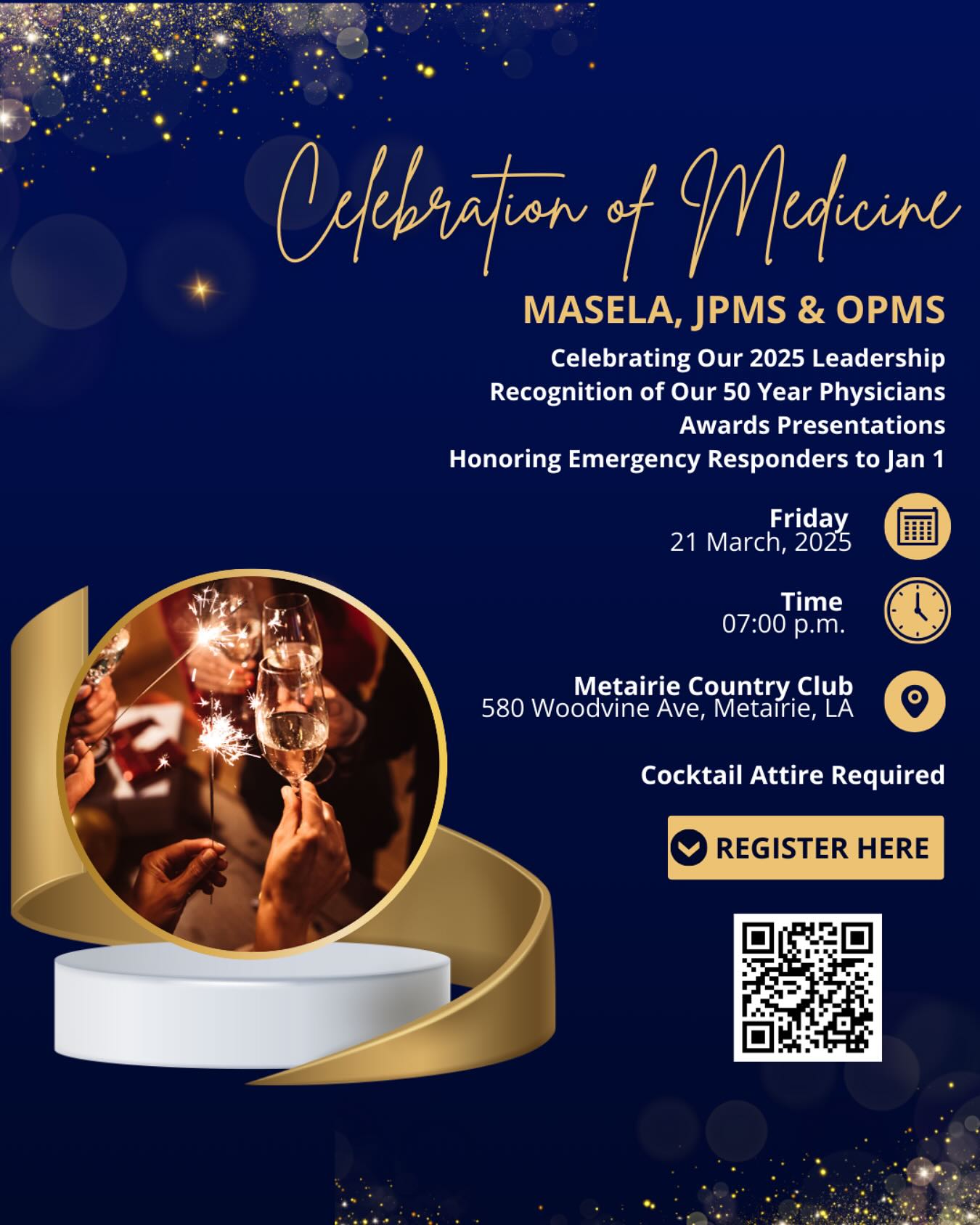 Happening Next Friday! 🎉
Join us for the Celebration of Medicine on Friday, March 21, 2025, at 7 p.m.
Spend an unforgettable evening connecting with friends and colleagues as we:
🏅 Honor our incredible 50-year physicians (Class of 1975)
🚑 Recognize our dedicated Emergency Responders for their unwavering service
👏 Celebrate exceptional local physicians who have made a lasting impact in our community
It’s a night of gratitude, inspiration, and connection — you won’t want to miss it!
