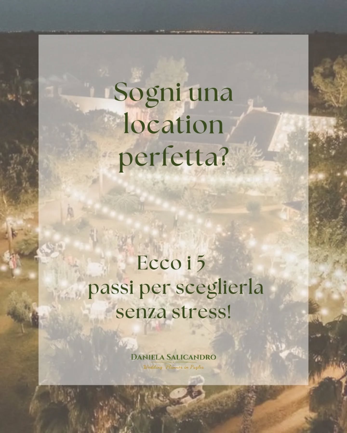 Selezionare il posto giusto è una delle decisioni più importanti nell'organizzazione del matrimonio.
Sbagliare può significare imprevisti, stress e una resa che non rispecchia i tuoi sogni! 😱
Ma niente paura!
Ecco i 𝐩𝐚𝐬𝐬𝐢 𝐟𝐨𝐧𝐝𝐚𝐦𝐞𝐧𝐭𝐚𝐥𝐢 (+BONUS imperdibile) per scegliere senza stress la location perfetta. 🌿💍
✨𝐄 𝐓𝐔? 𝐇𝐚𝐢 𝐠𝐢à 𝐬𝐜𝐞𝐥𝐭𝐨 𝐪𝐮𝐞𝐥𝐥𝐚 𝐠𝐢𝐮𝐬𝐭𝐚?
Qual è la tua location da sogno?
Raccontamelo nei commenti 💭👇
#weddingplanner #wedding #weddingday #matrimonioperfetto #matrimonioinpuglia #weddingdestination #bridetobe #sposi2025 #weddingadvice #weddingispiration #weddingtips #weddingvenue #salento #puglia