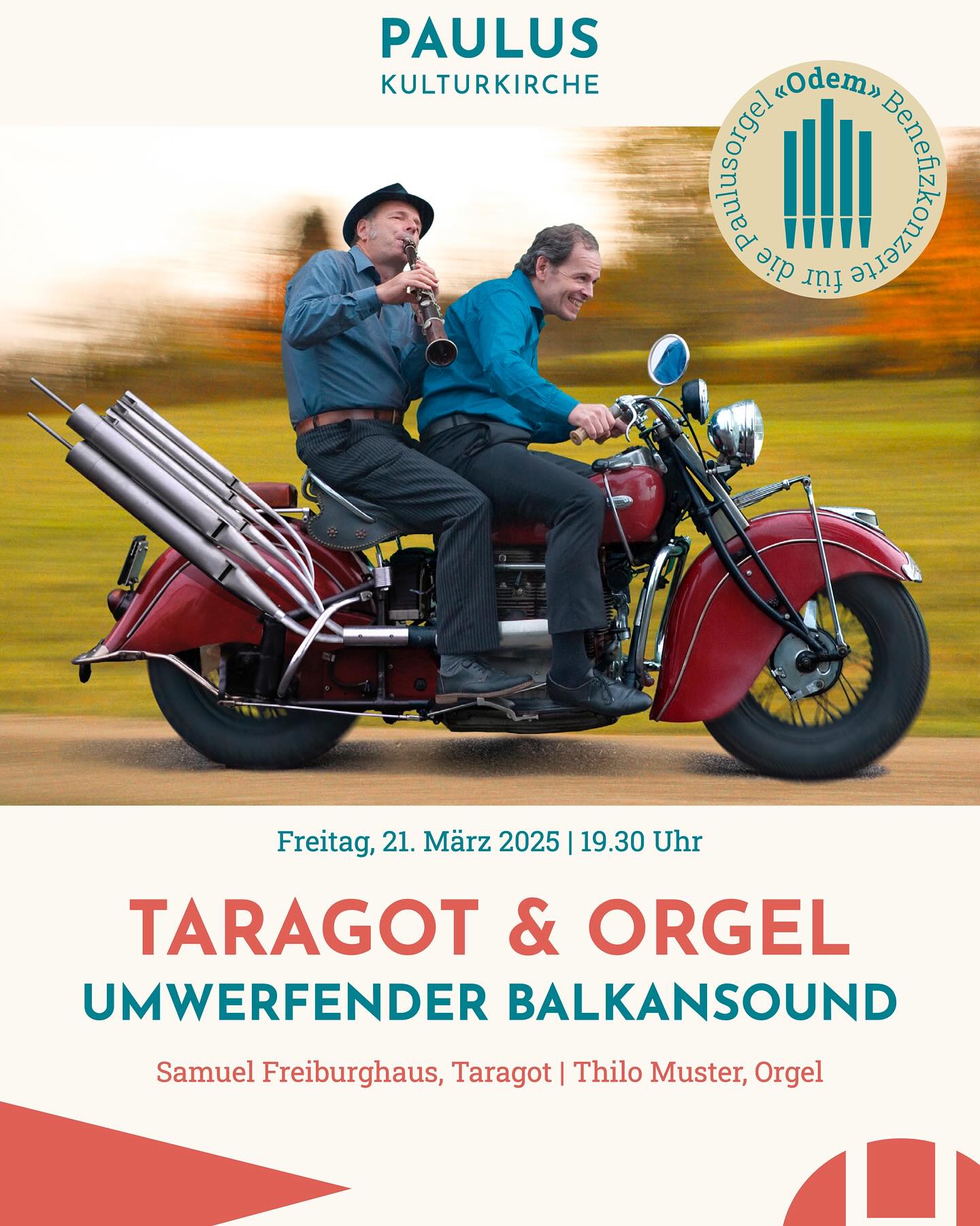 Zweites Konzert unserer #ODEM-Reihe: Umwerfender Balkansound mit Samuel Freiburghaus (Taragot) und Thilo Muster (Orgel). Erlös der Kollekte geht an die dringend benötigte Revision der historischen #Paulusorgel. Freitag 21.3. um 19:30 Uhr, wir freuen uns auf zahlreiche Besuchende! 🎶😍