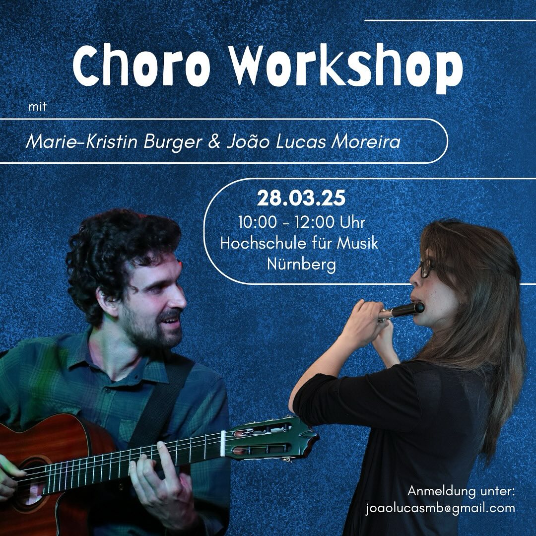 Oi gente, liebe Leute,
am Freitag, 28.03. geben Joao und ich im Rahmen der „Internationalen Woche“ einen kleinen Einführungsworkshop in Choro!
Um 10:00 Uhr in der HfM Nürnberg - für Melodie- und Begleitinstrumente!
🎶 Am Ende werdet wir gemeinsam euren ersten Choro spielen!
Und das alles völlig kostenlos, also gleich anmelden unter: joaolucasmb@gmail.com oder direkt hier über Instagram.
Workshop de choro em Nuremberg! Seixta-feira, 28.3. com João e eu. Traz os instrumentos e vamos tocar o primeiro chorinho!
#choro #choroworkshop #hfmnuernberg #internationalewoche #flauta #violao #floete #gitarre #chorinho #musicabrasileira