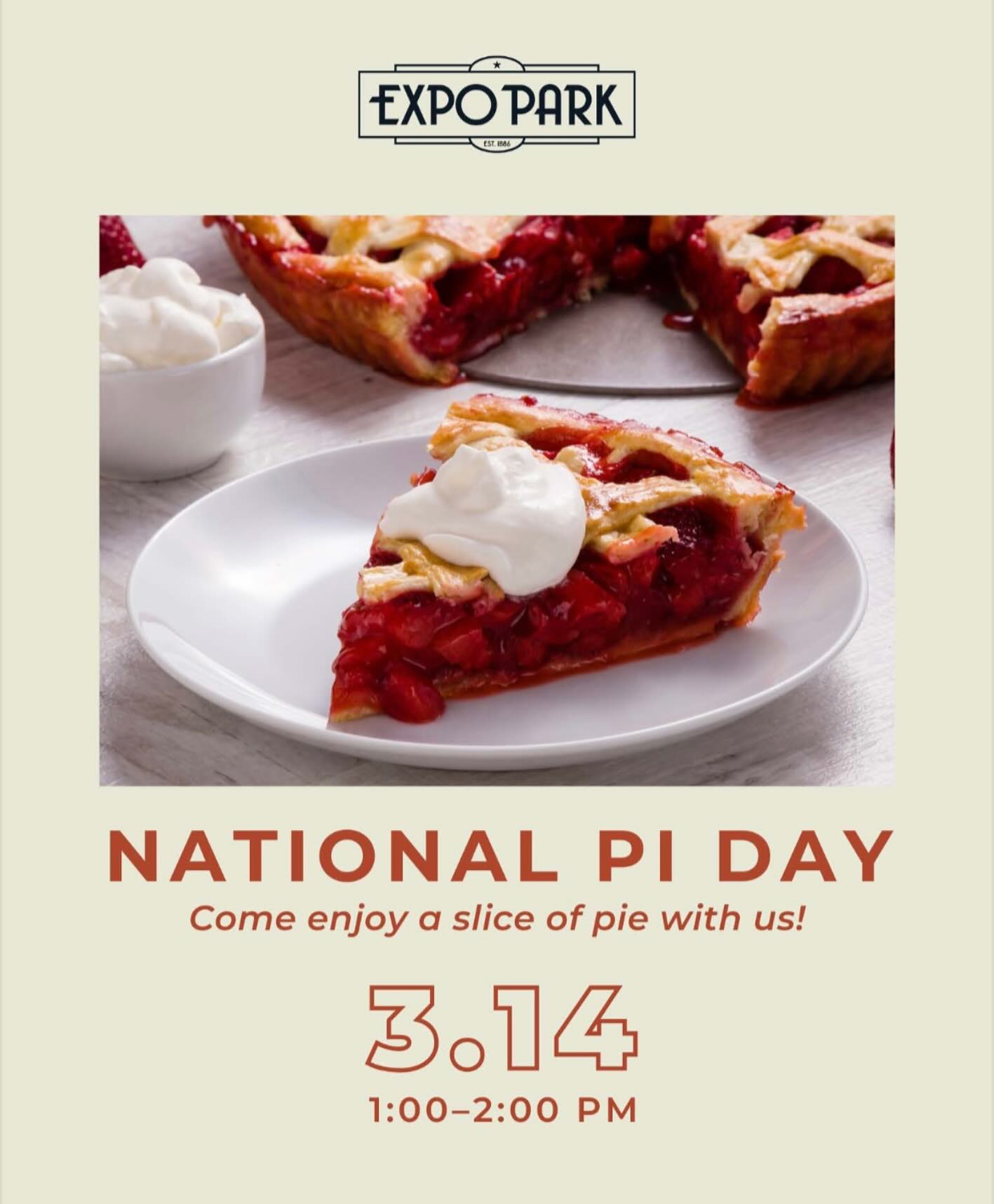 Get ready to slice into some fun! 🥧 Join us tomorrow from 1-2PM for our Pi Day celebration! Enjoy a variety of delicious pies and refreshing treats! 🎉 #expopark #expoparkdallas #expoparkdistrict #dallastx #dallaslofts #piday #pidaycelebration