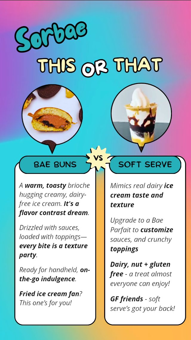 Two treats. One impossible choice 🍩🍦
Are you team Bae Bun - warm, gooey, handheld indulgence that's part donut, part fried ice cream?
OR
Team soft serve - thick, creamy, totally customizable AND gluten free?
Either way, there's no wrong answer...but we are taking notes 😉🫶🏼