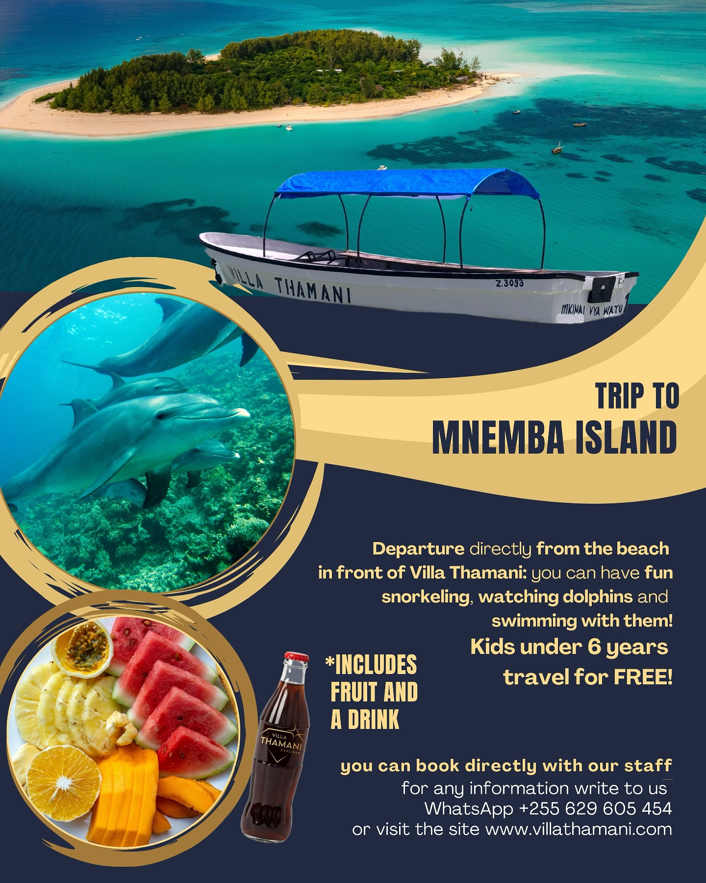 🌊🐬 ADVENTURE TO MNEMBA ISLAND! 🐬🌊
Picture yourself departing directly from Villa Thamani’s beach, diving into crystal-clear waters, swimming with dolphins, and exploring the breathtaking Mnemba reef while snorkeling! 🏝️✨
🔥 What’s included:
✅ Fresh fruit and a drink 🍉🥭🥤
✅ Exclusive departure from our beach 🚤
✅ Kids under 6 travel FREE 👶🏻💙
A once-in-a-lifetime experience to enjoy during your Zanzibar getaway! Book now and treat yourself to an unforgettable day! 🌞🌊
📩 Message us on WhatsApp: +255 629 605 454
🌍 Learn more at www.villathamani.com
#VillaThamani #MnembaIsland #Snorkeling #Dolphins #TropicalParadise #zanzibarexperience